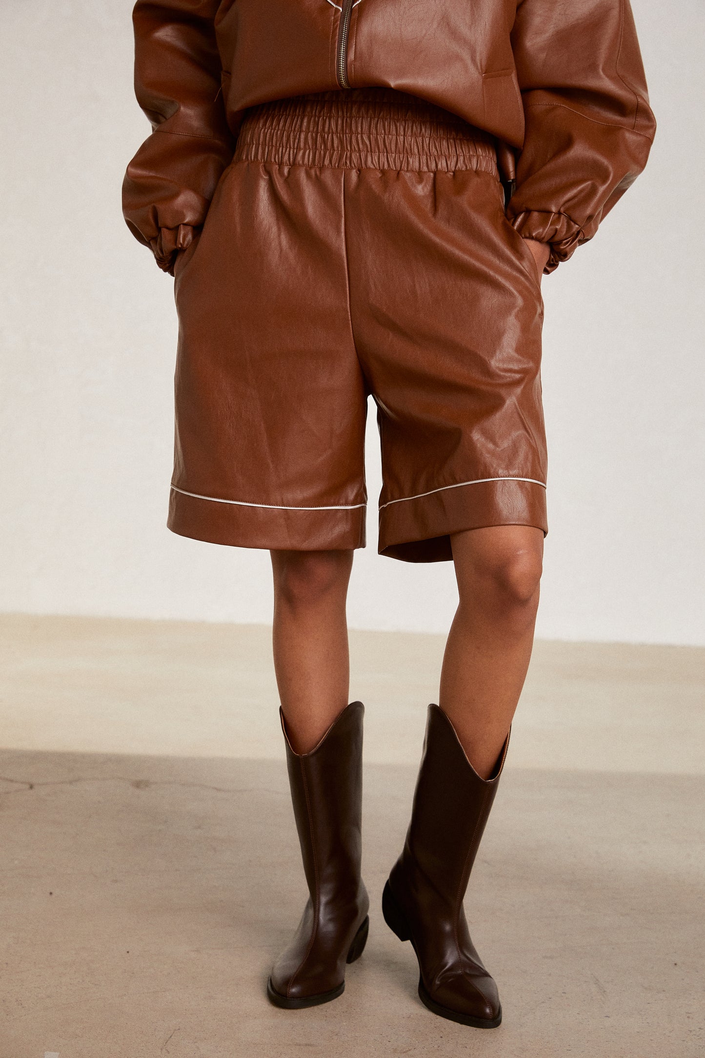 Wide Leather Shorts, Cinnamon