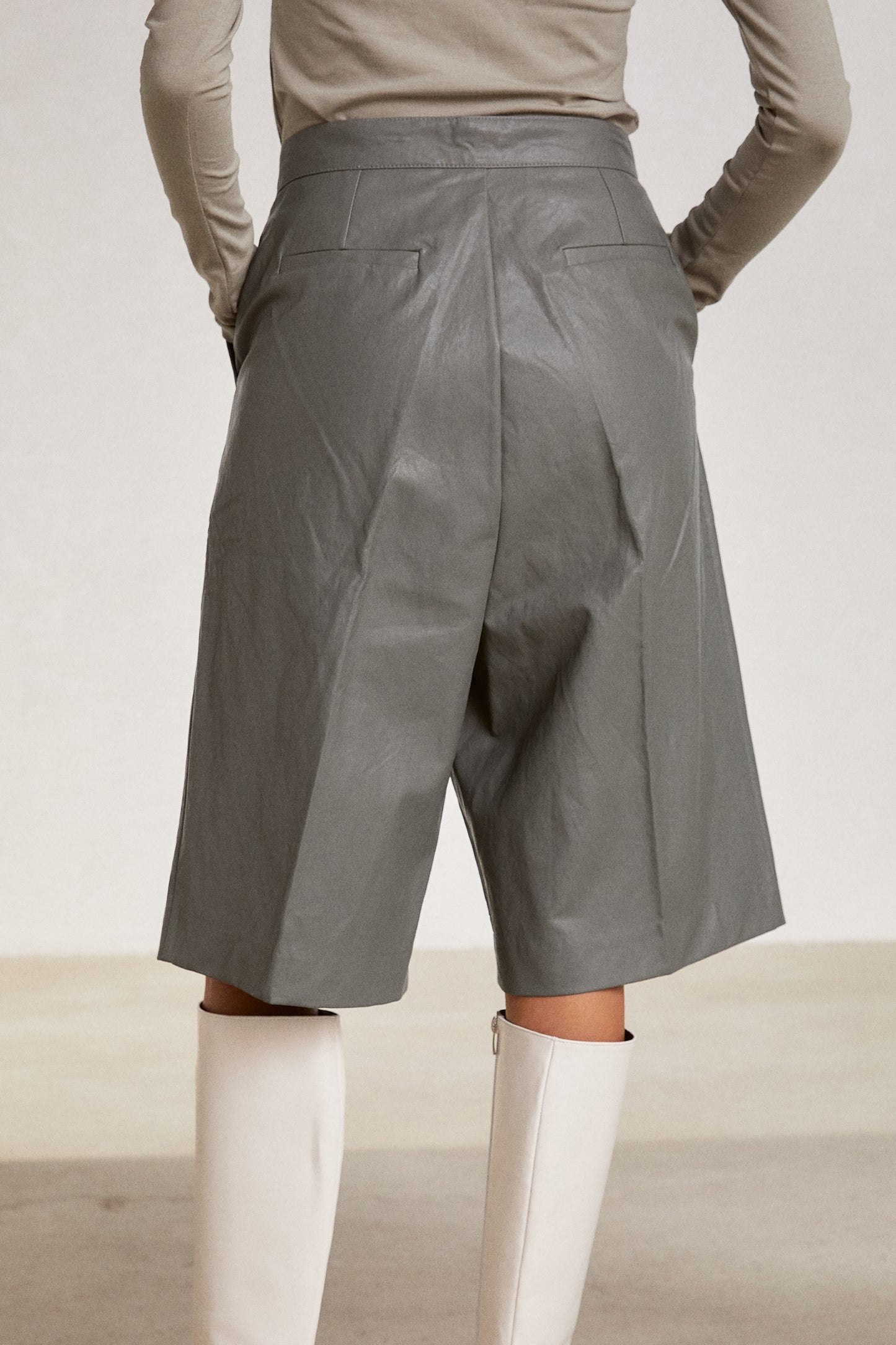 Vegan Leather Tailored Shorts, Ash Grey
