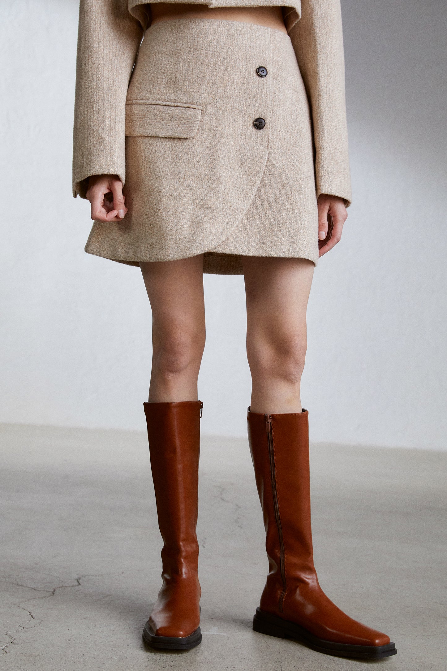 Tailored Short Wool Skirt, Beige