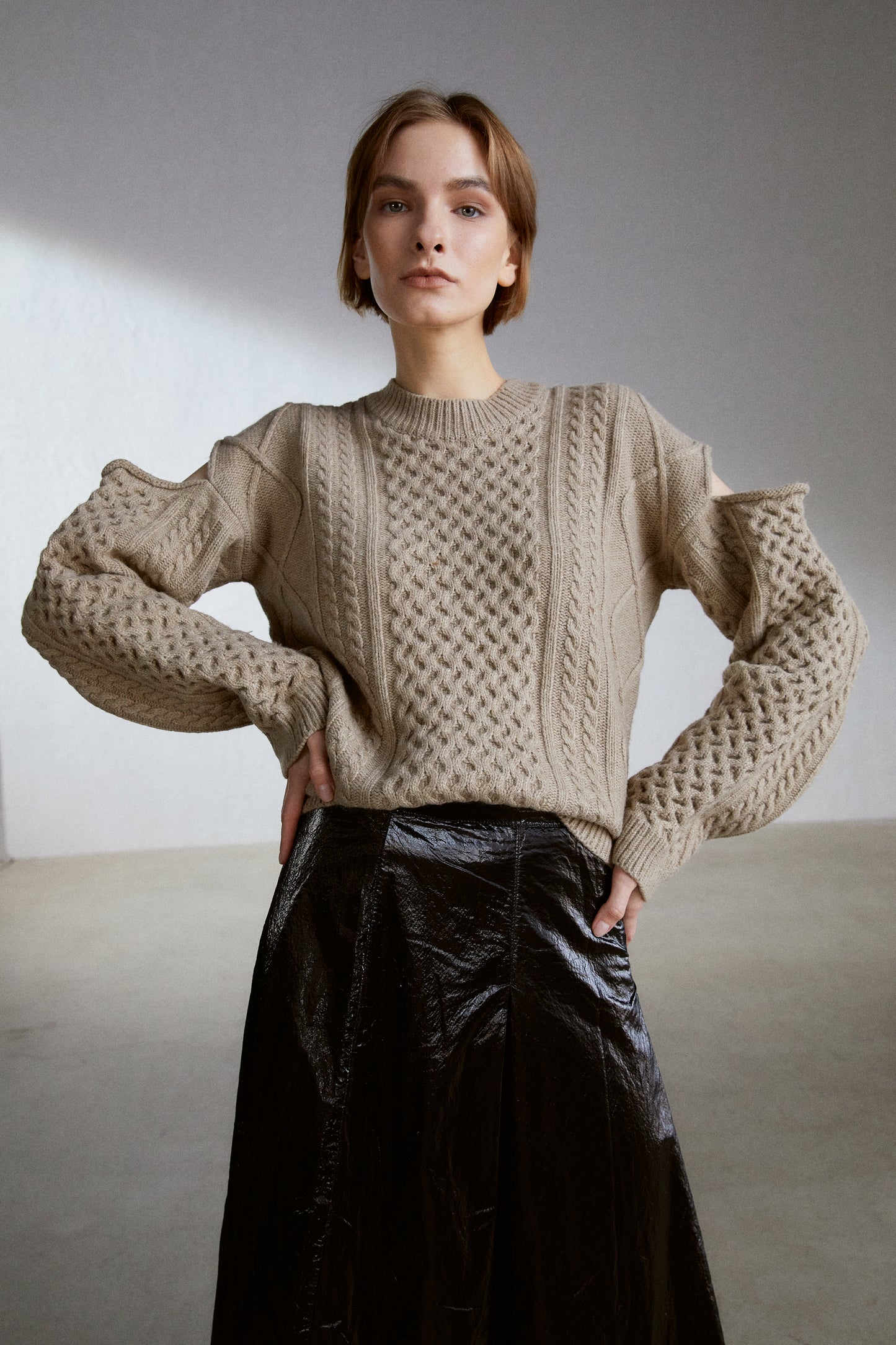 Cut-Out Cable Knit Sweater, Latte