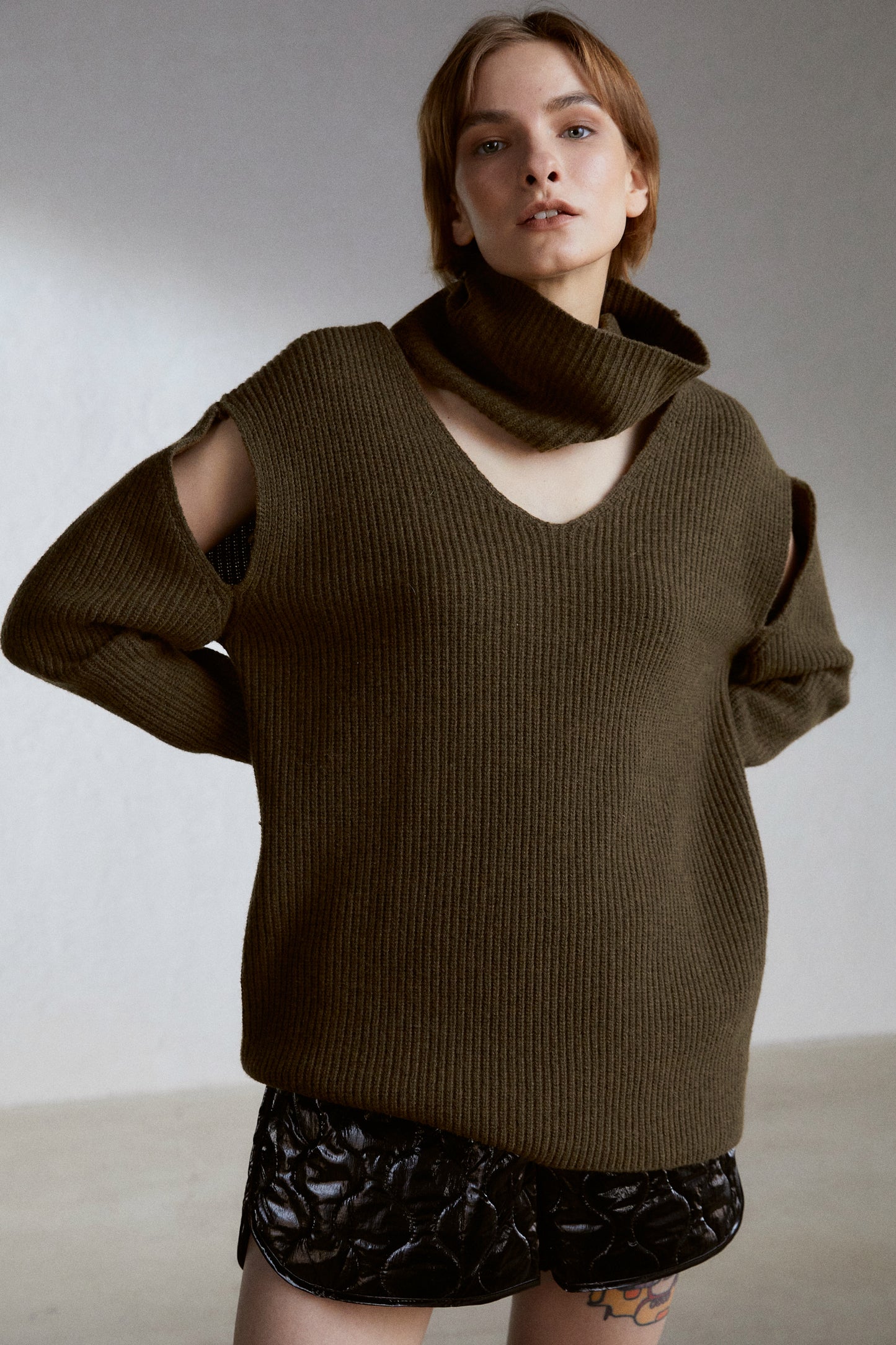 Wide Turtleneck Cutout Sweater, Khaki