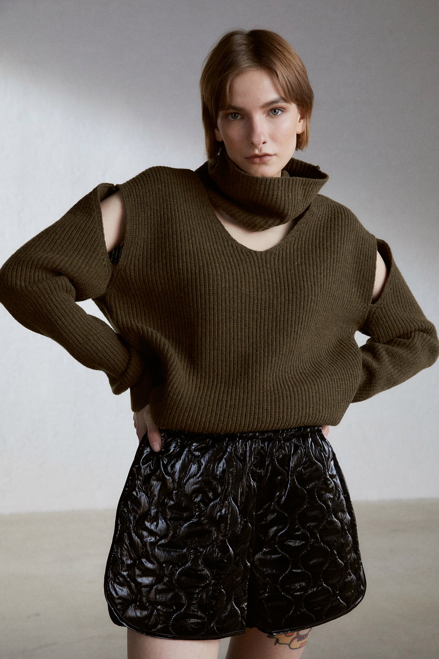 Wide Turtleneck Cutout Sweater, Khaki