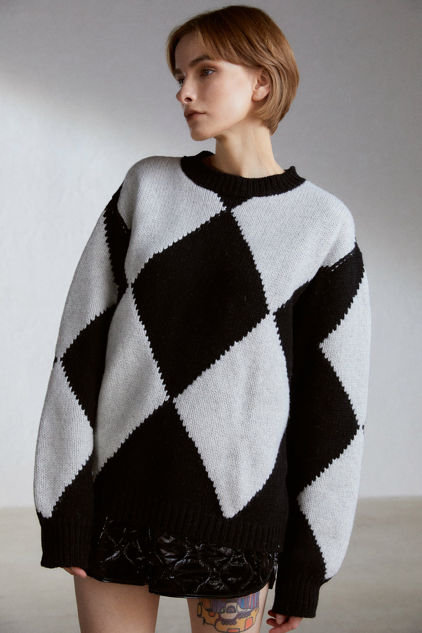 Argyle Pattern Knit Sweater, Grey & Black
