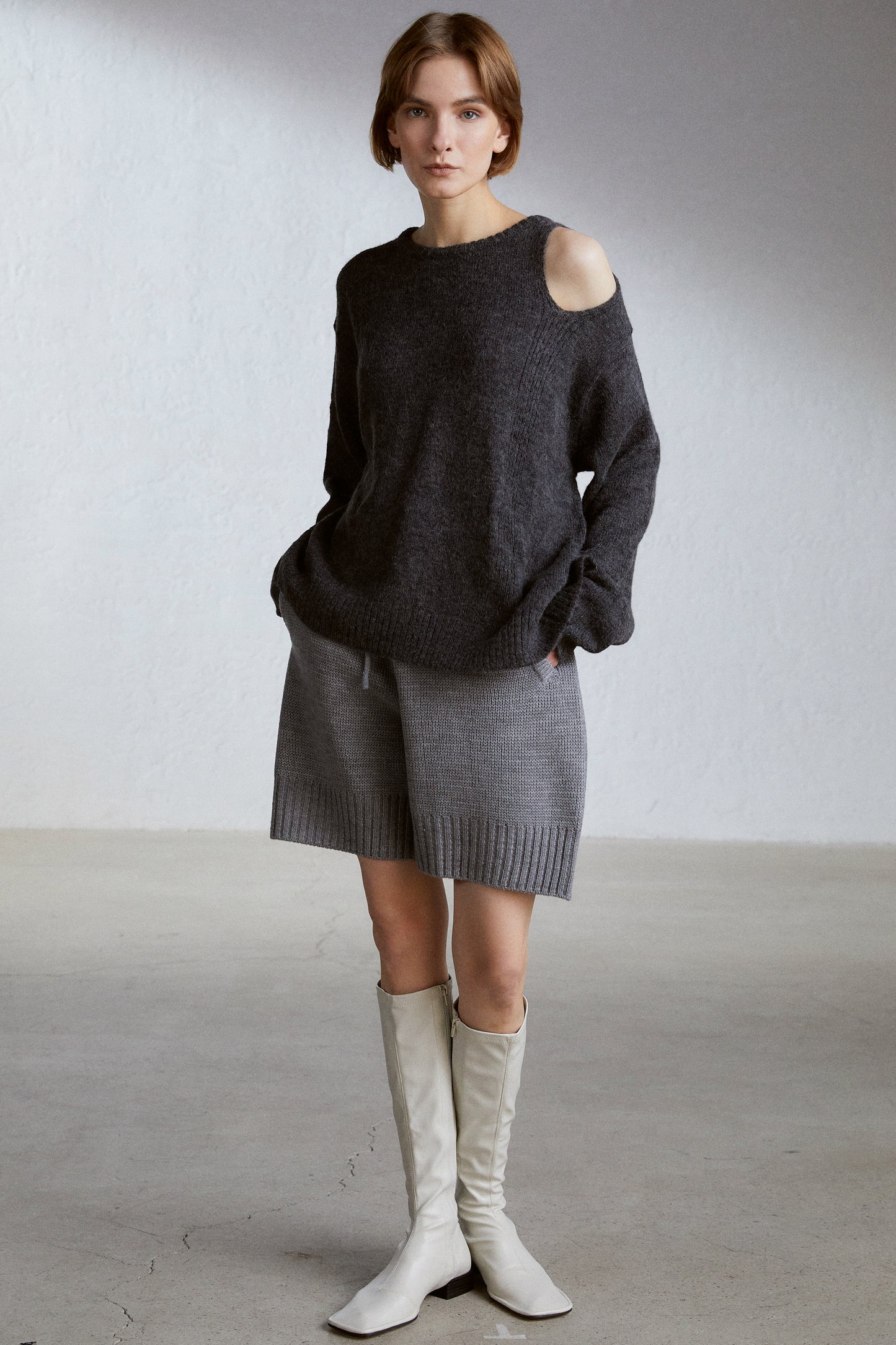 Cut-Out Knit Alpaca-Blend Sweater, Charcoal
