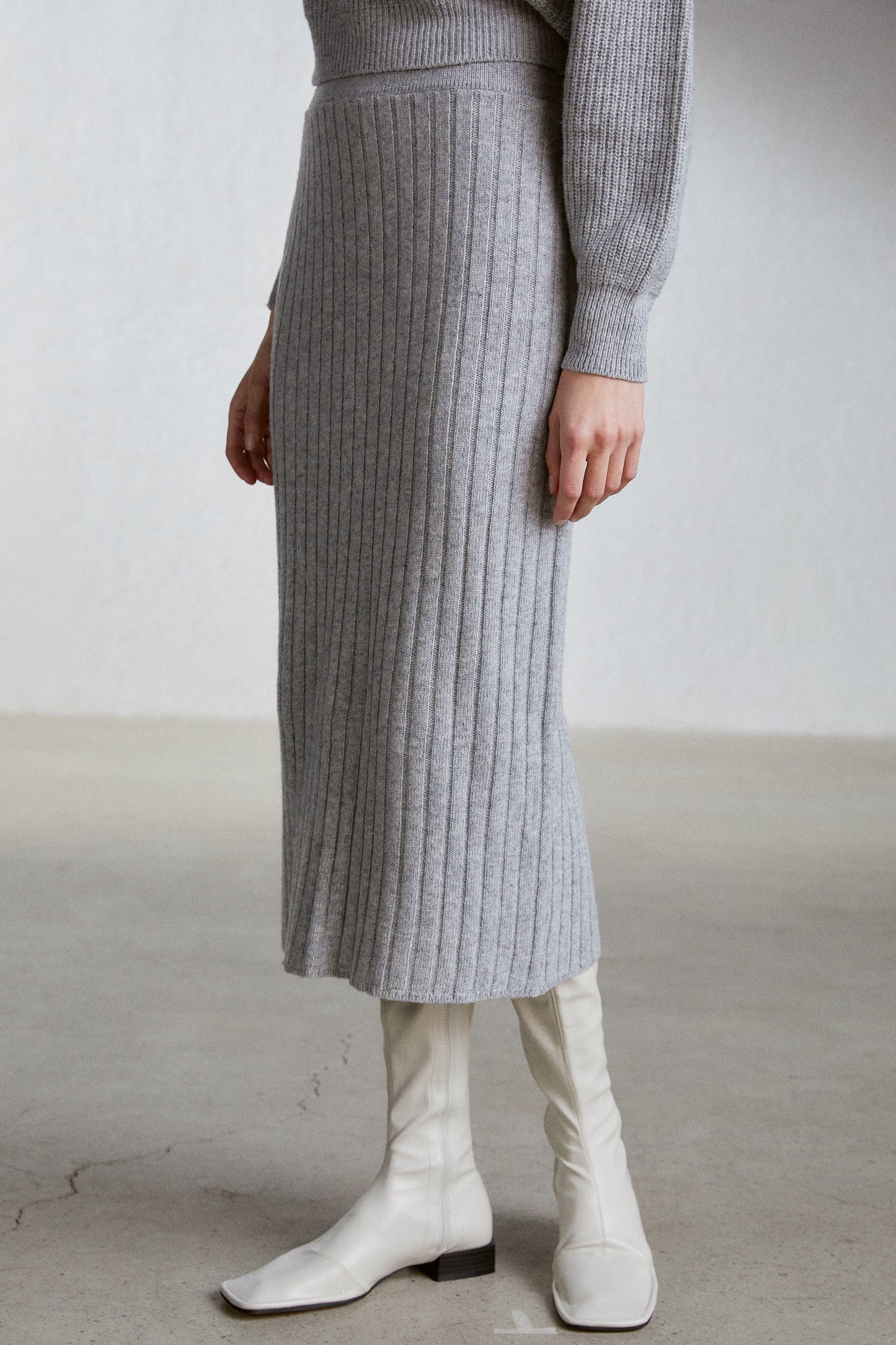Tilted Button Cardigan And Midi Knit Skirt Set, Melange Grey