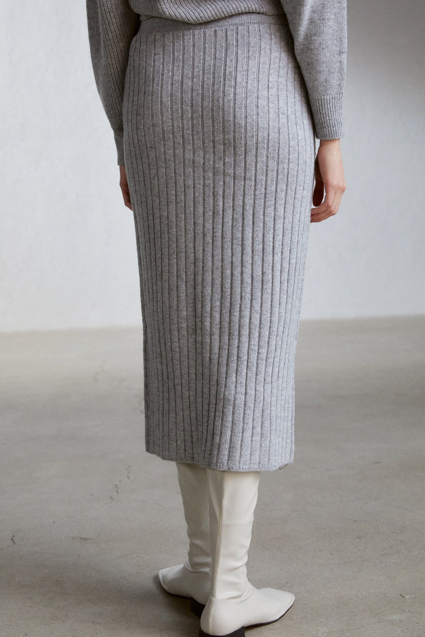 Tilted Button Cardigan And Midi Knit Skirt Set, Melange Grey
