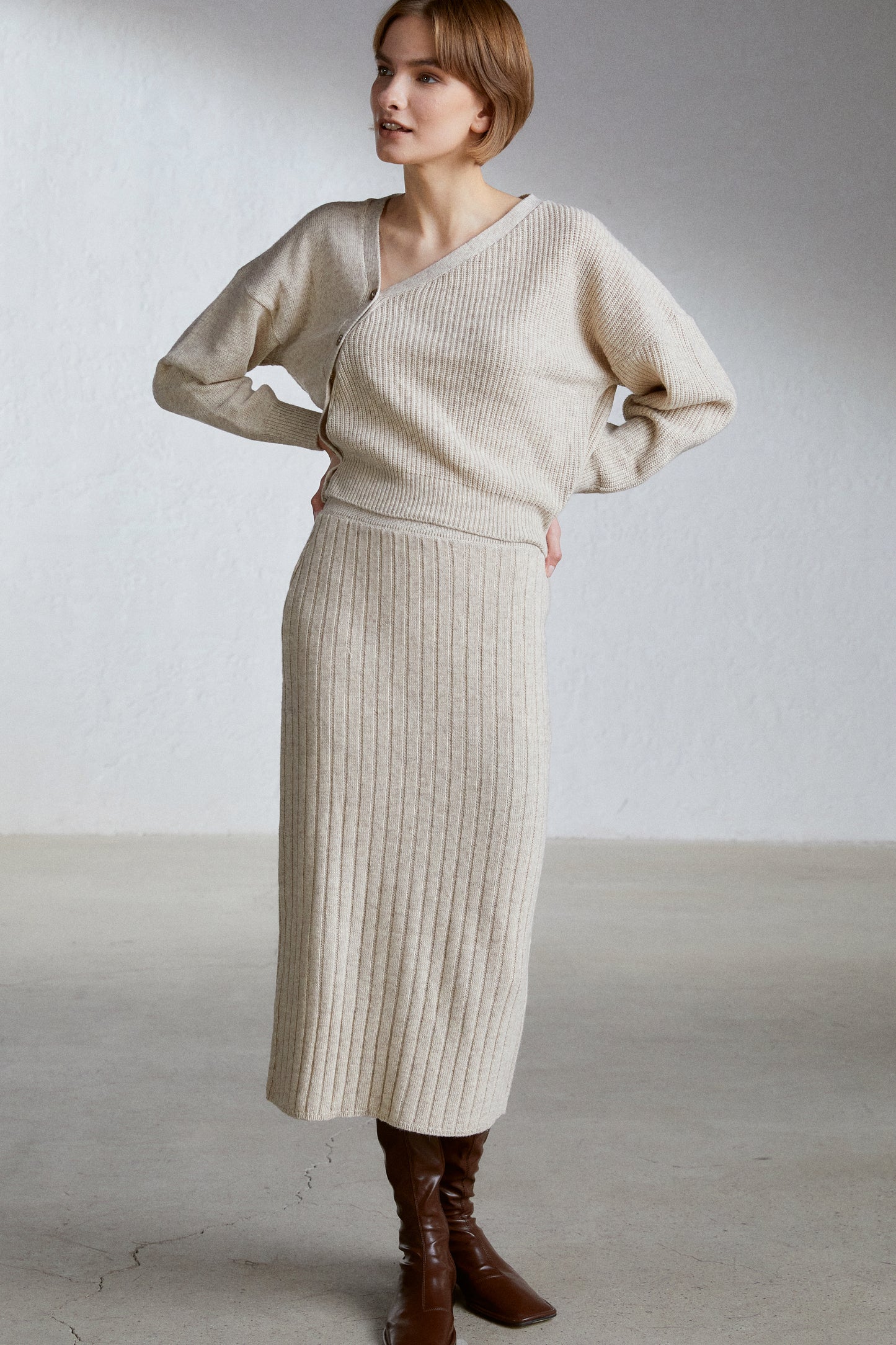 Tilted Button Cardigan And Midi Knit Skirt Set, Oatmeal