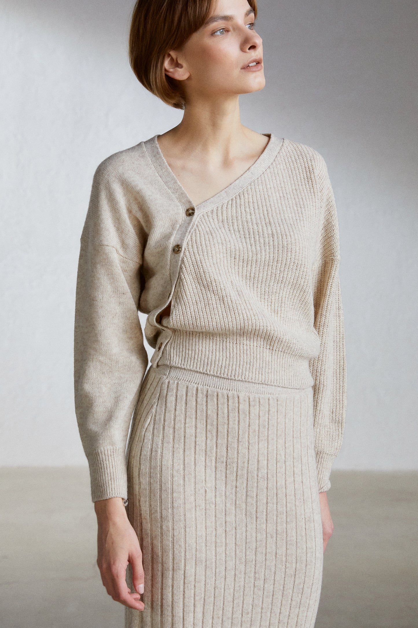 Tilted Button Cardigan And Midi Knit Skirt Set, Oatmeal