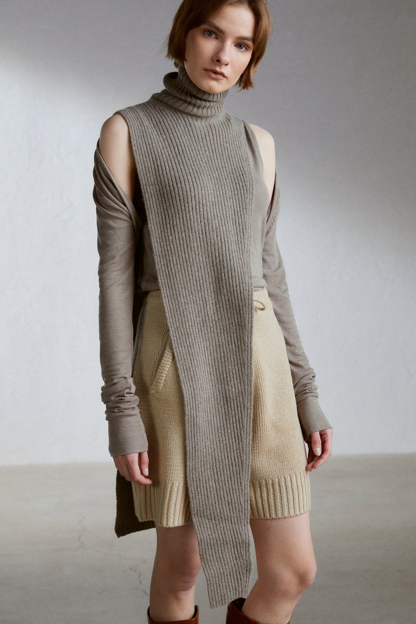 Ribbed Knit Turtleneck Scarf, Cappuccino