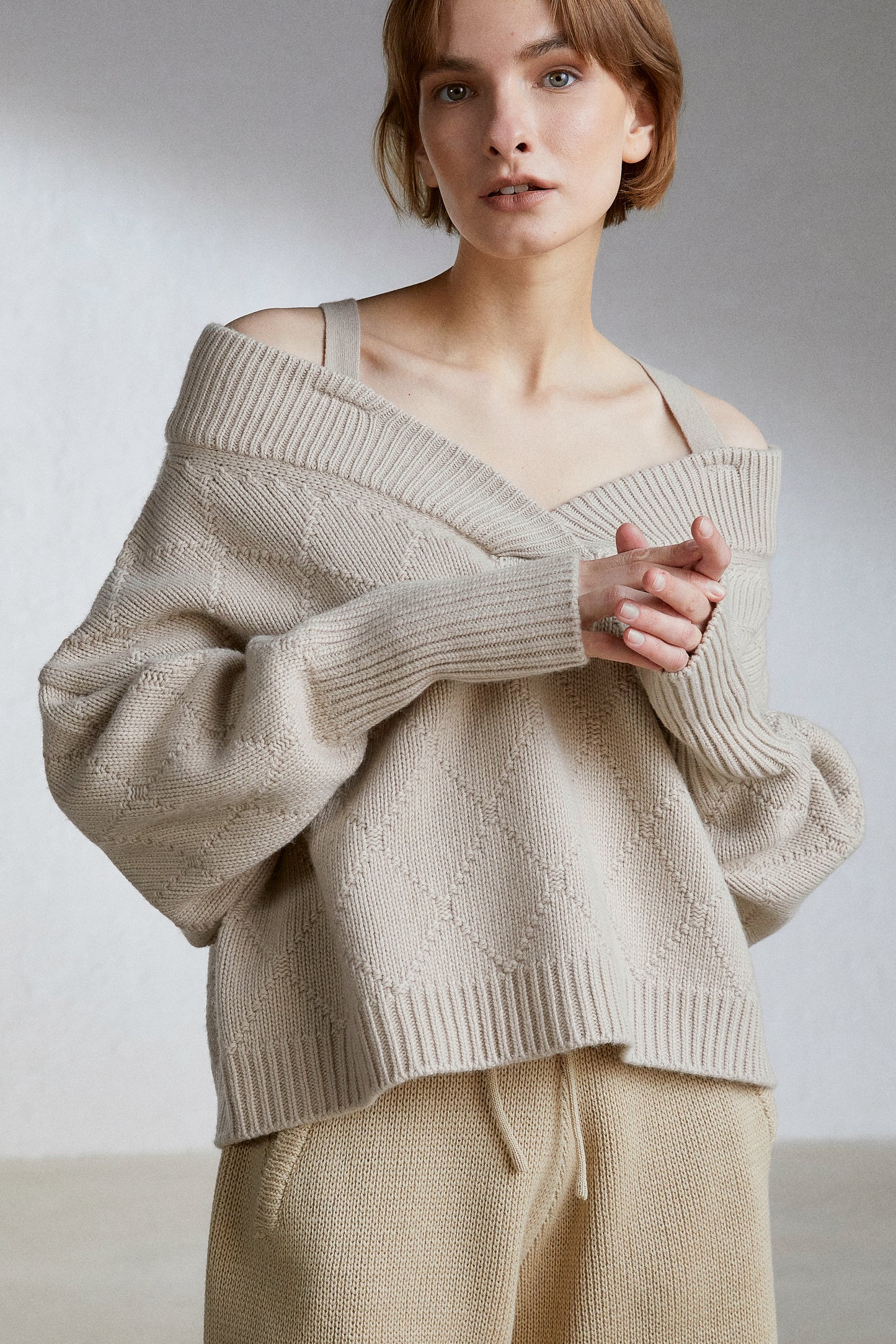 Off The Shoulder Knitted Sweater, Beige