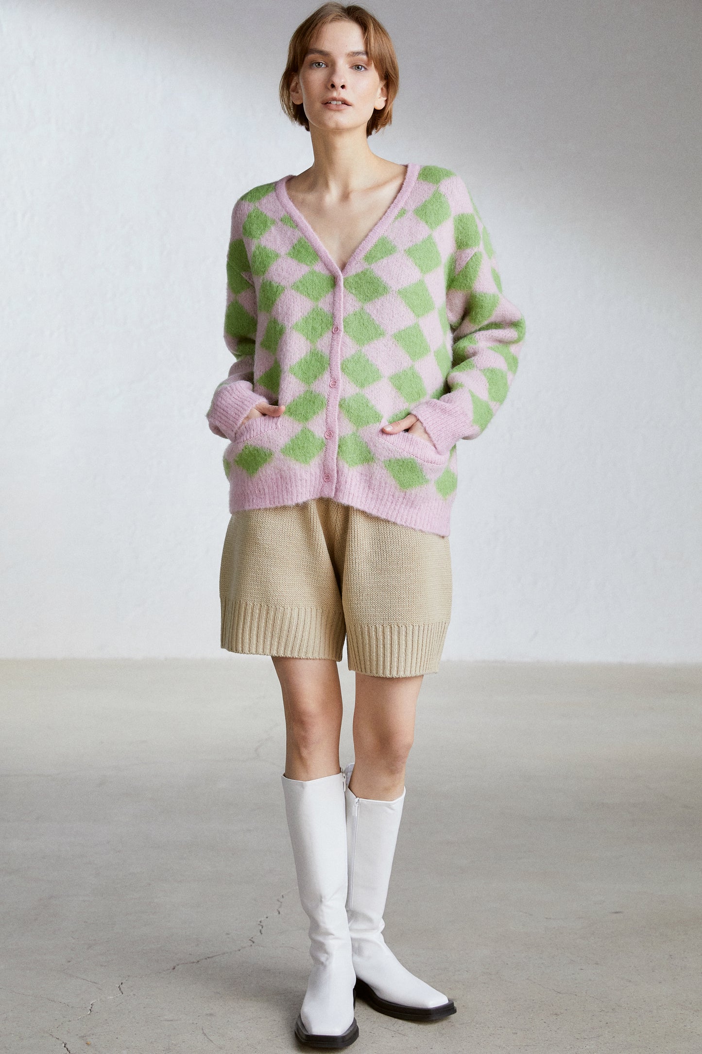 Alpaca-Blend Checker Cardigan, Pink & Green