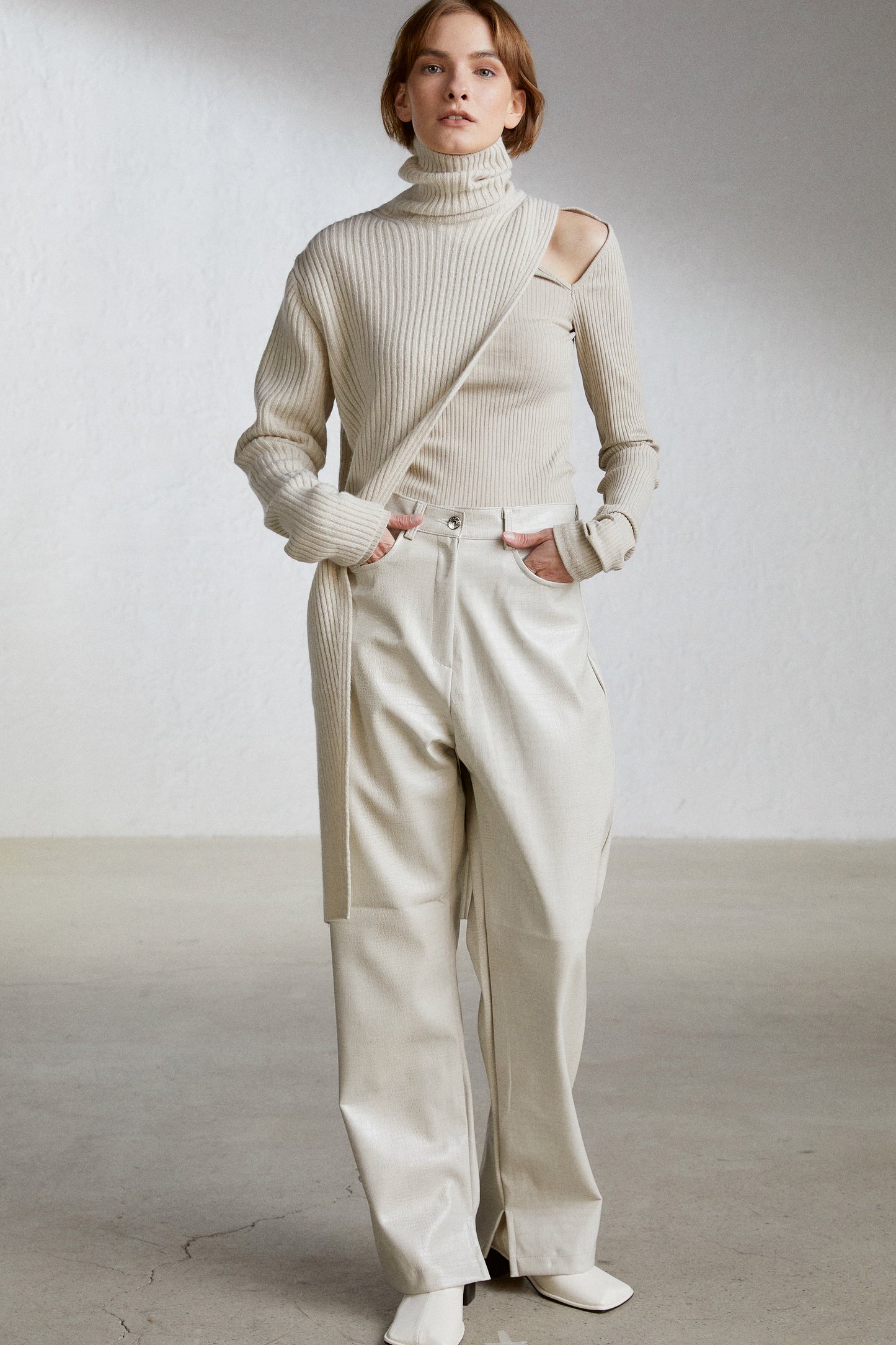 One-Shoulder Sleeve Extra Fine Wool Knit, Ivory