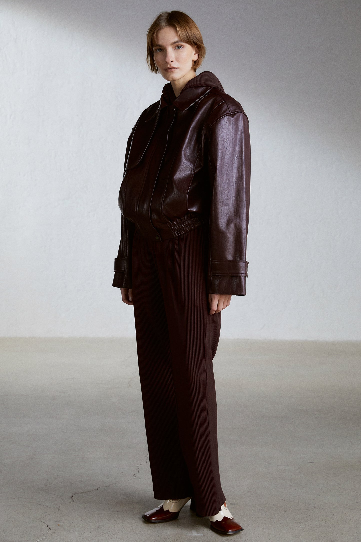 Padded Shoulder Leather Bomber Jacket, Wine – SourceUnknown