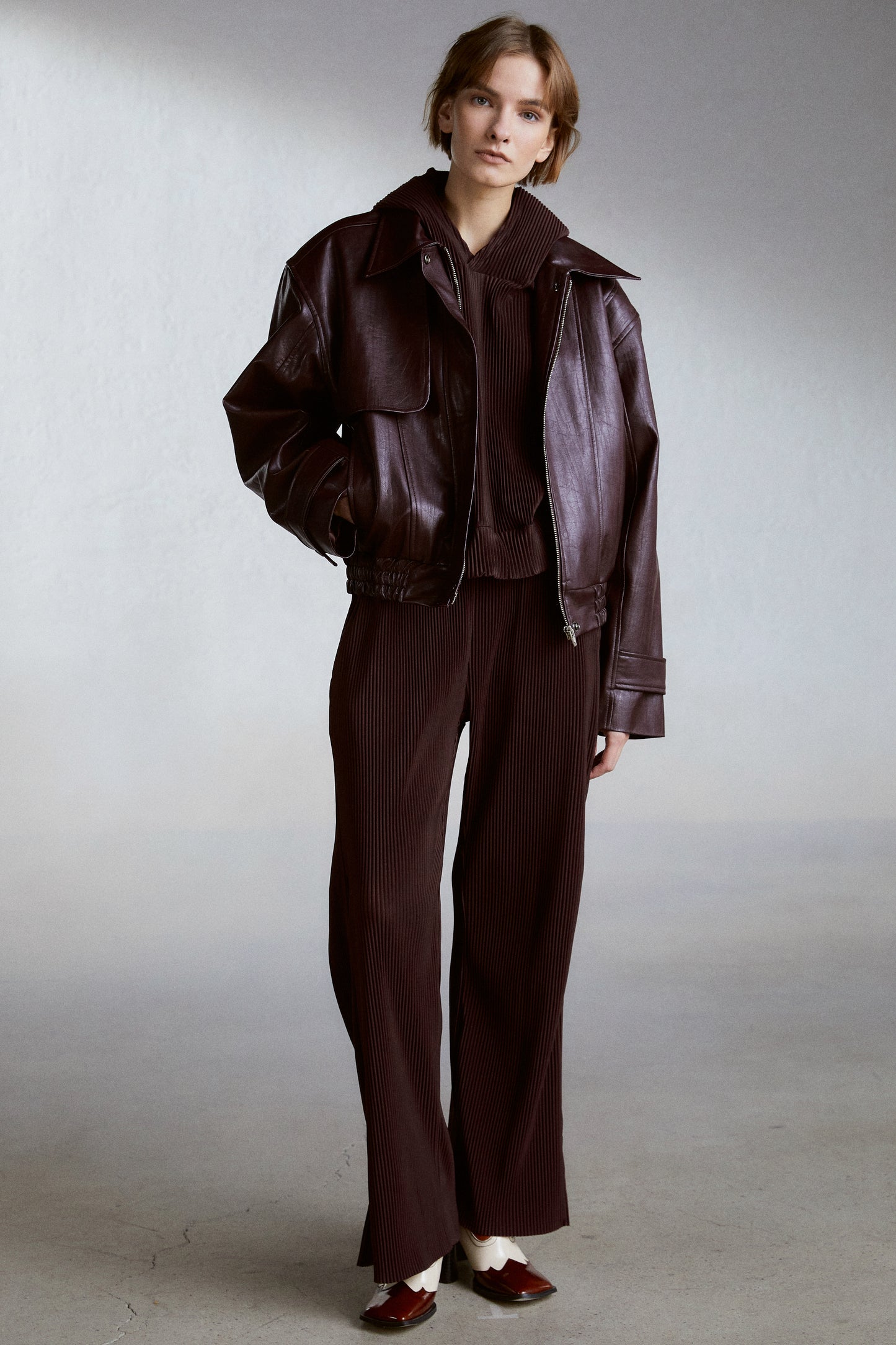 Padded Shoulder Leather Bomber Jacket, Wine – SourceUnknown