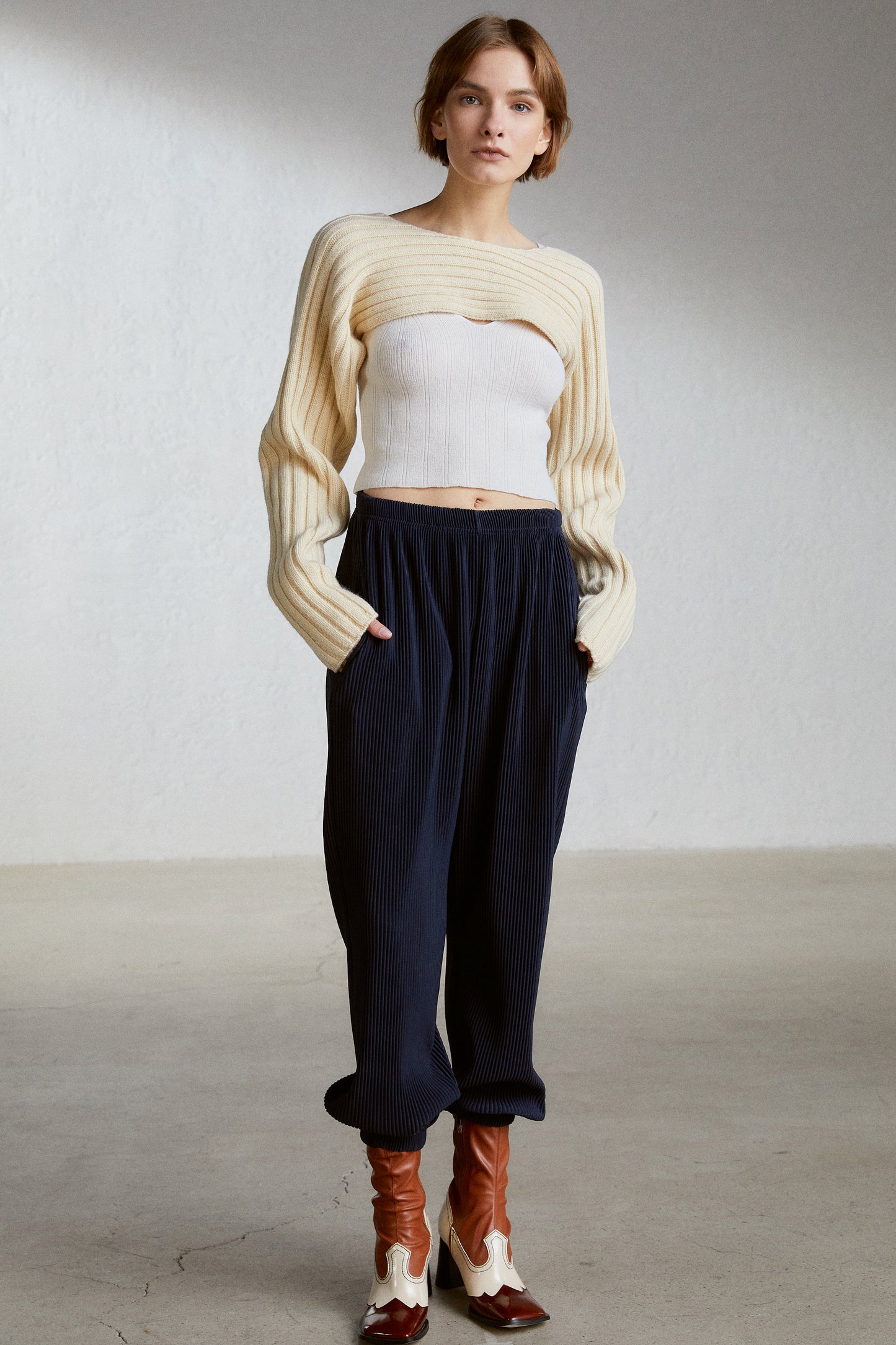 Crop Wool Ribbed Sweater, Cream