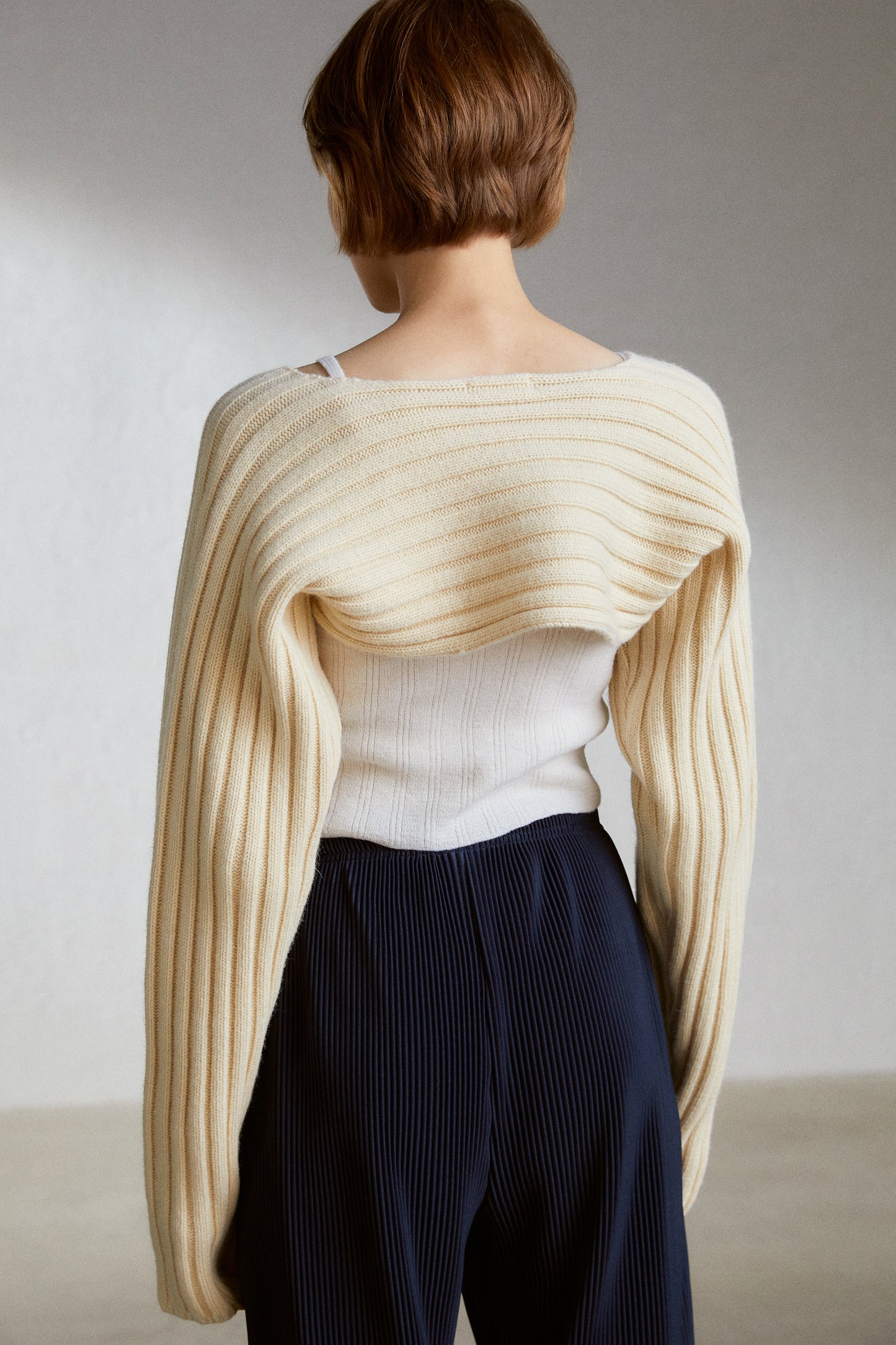 Crop Wool Ribbed Sweater, Cream