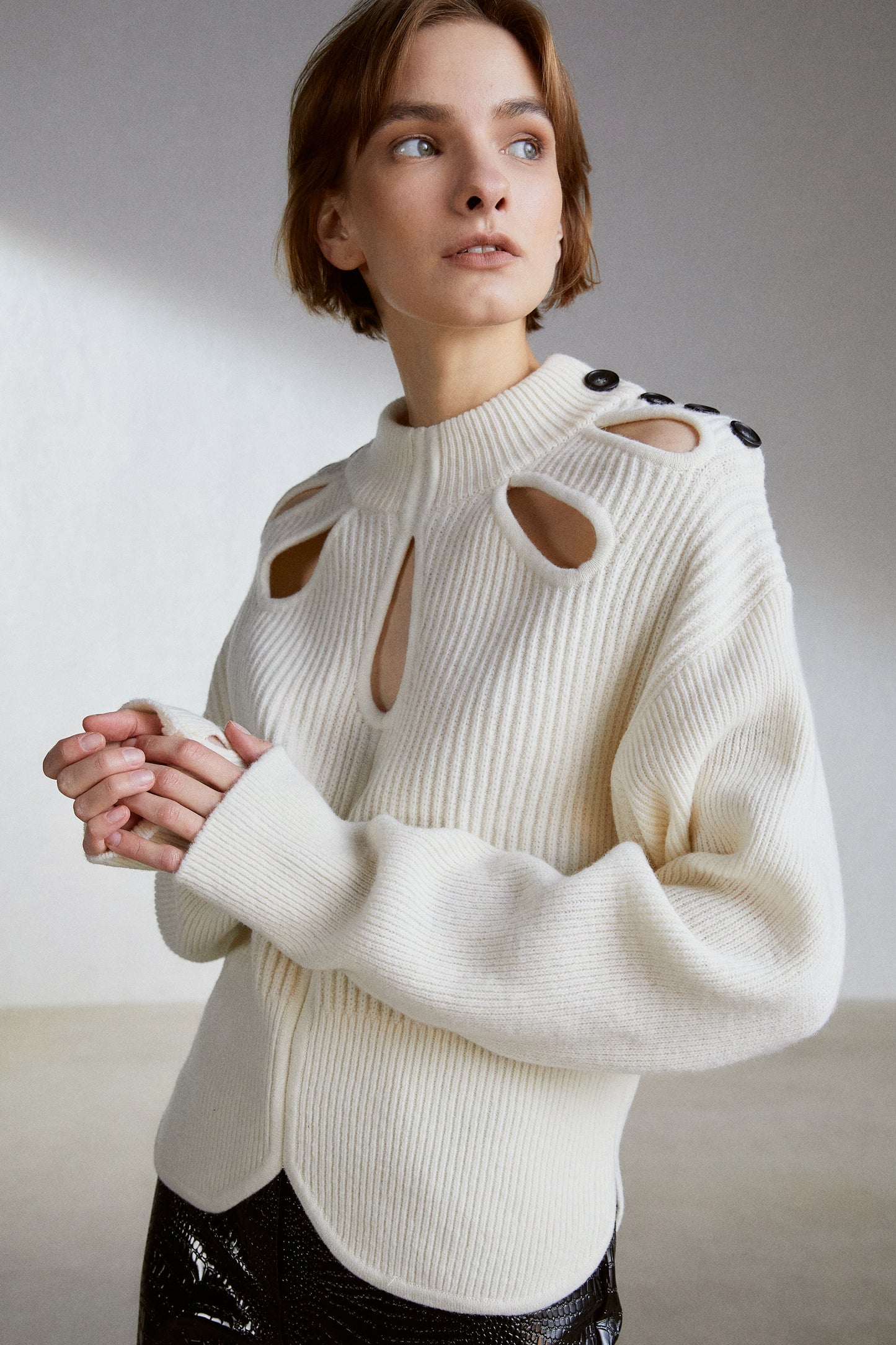 Cut-Out Chunky Knit Sweater, Ivory