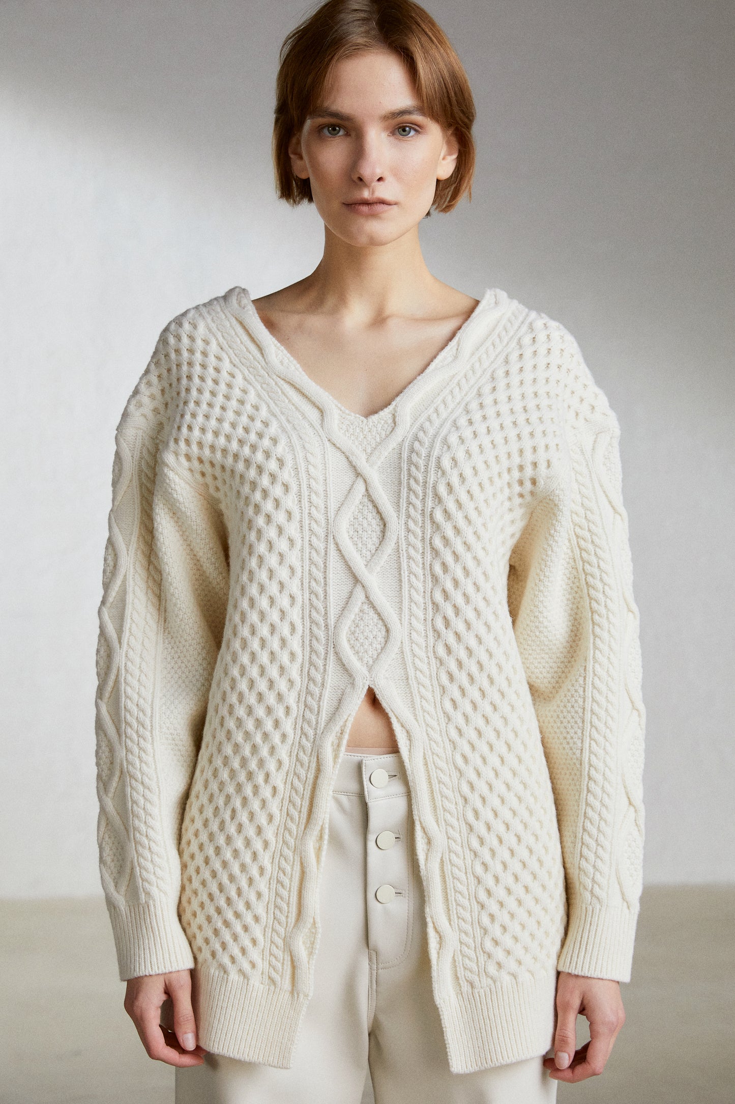 V-Cut Cable Wool Knit Sweater, Cream