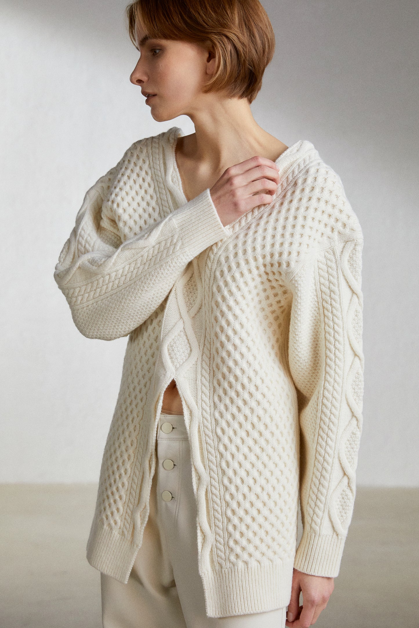 V-Cut Cable Wool Knit Sweater, Cream