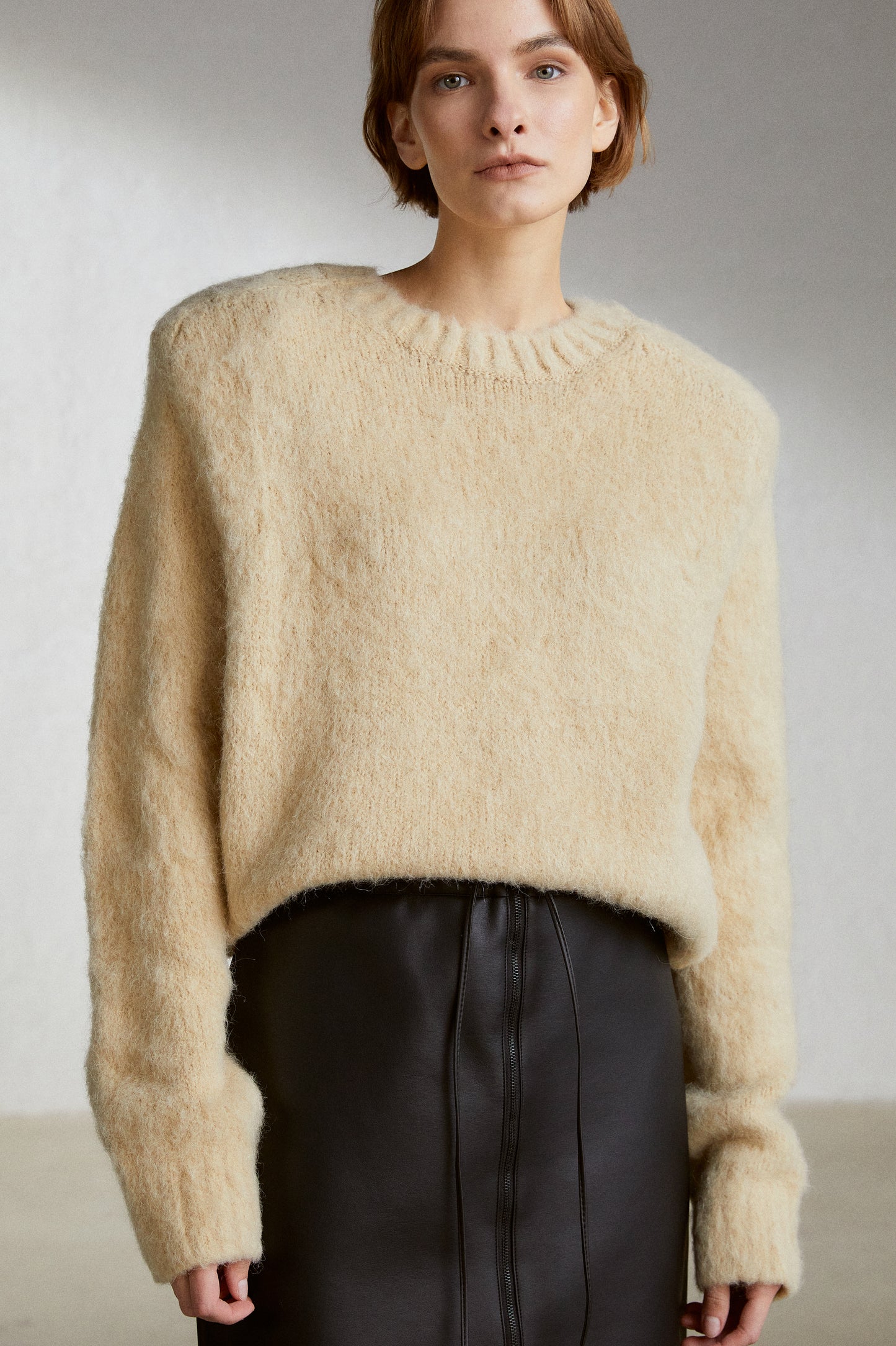 Padded Shoulder Alpaca Sweater, Caramel