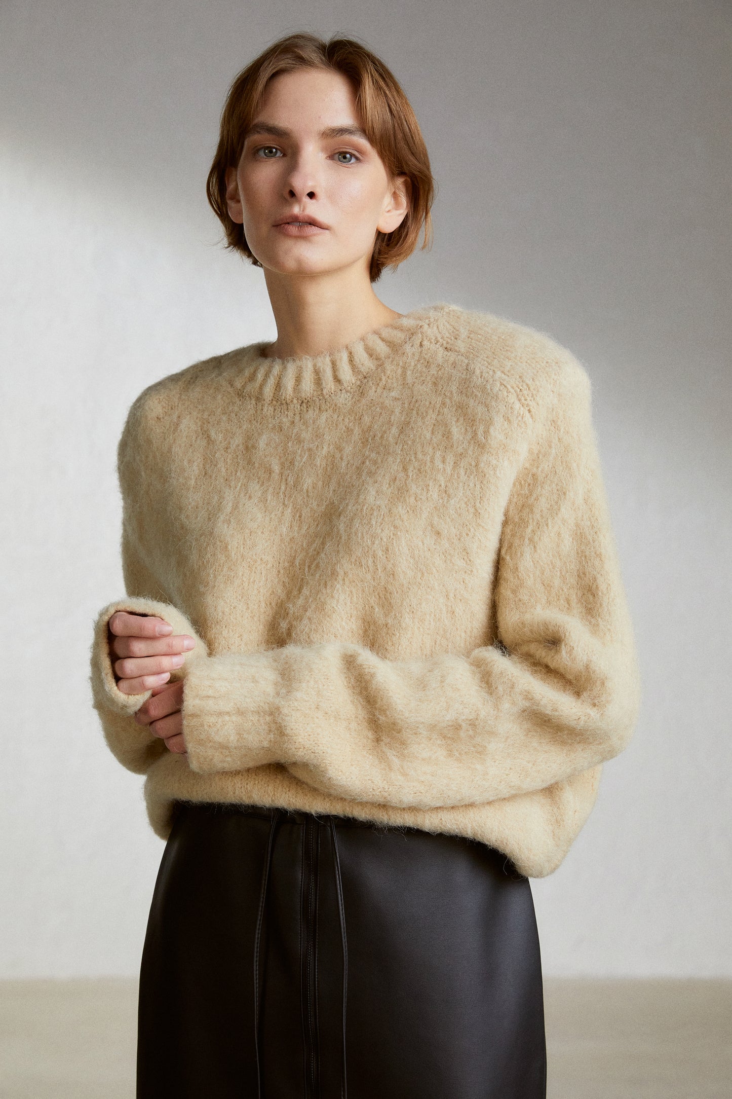 Padded Shoulder Alpaca Sweater, Caramel