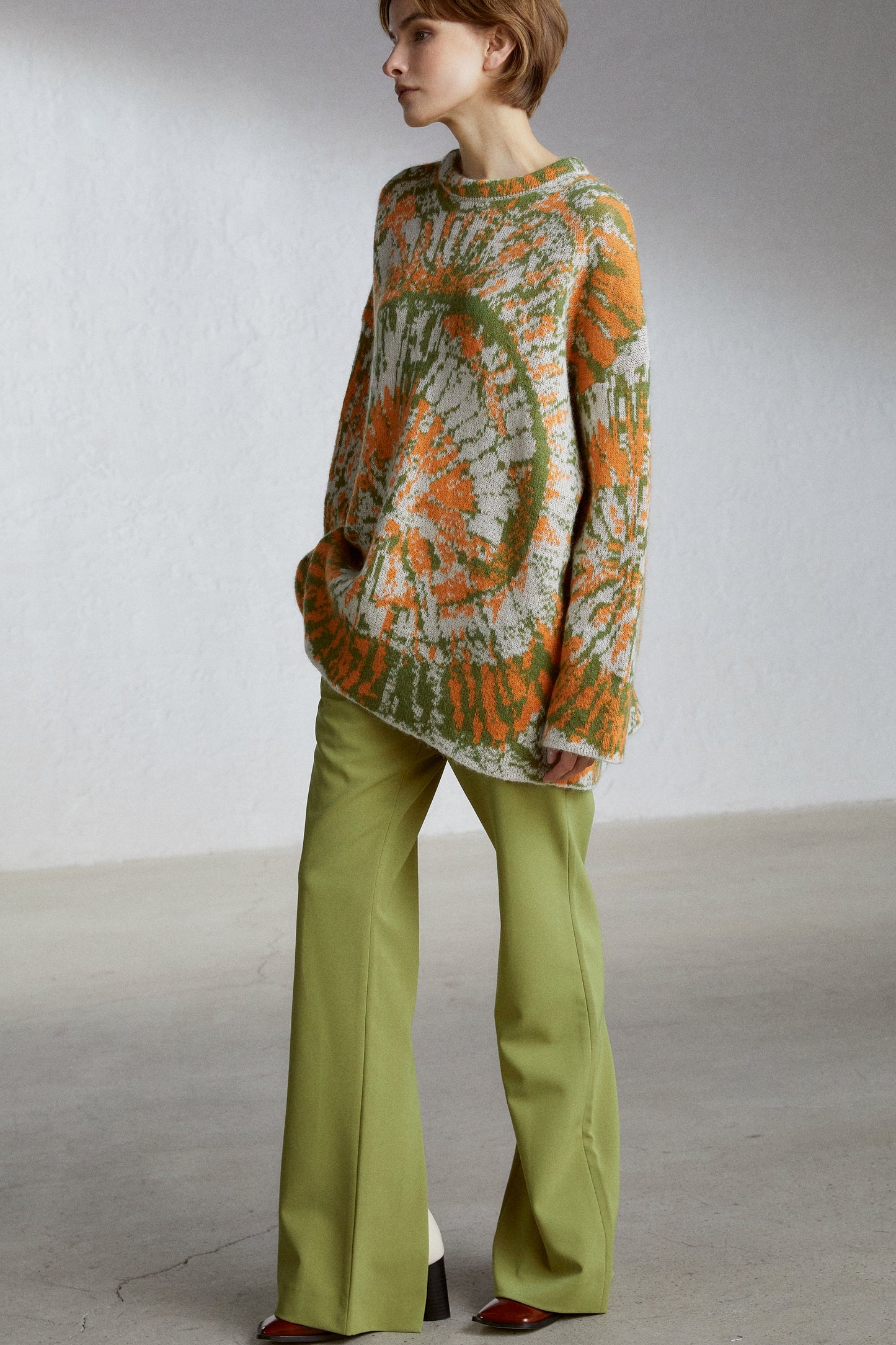 Tie-Dye Effect Wool-Mohair Blend Sweater, Green/Orange