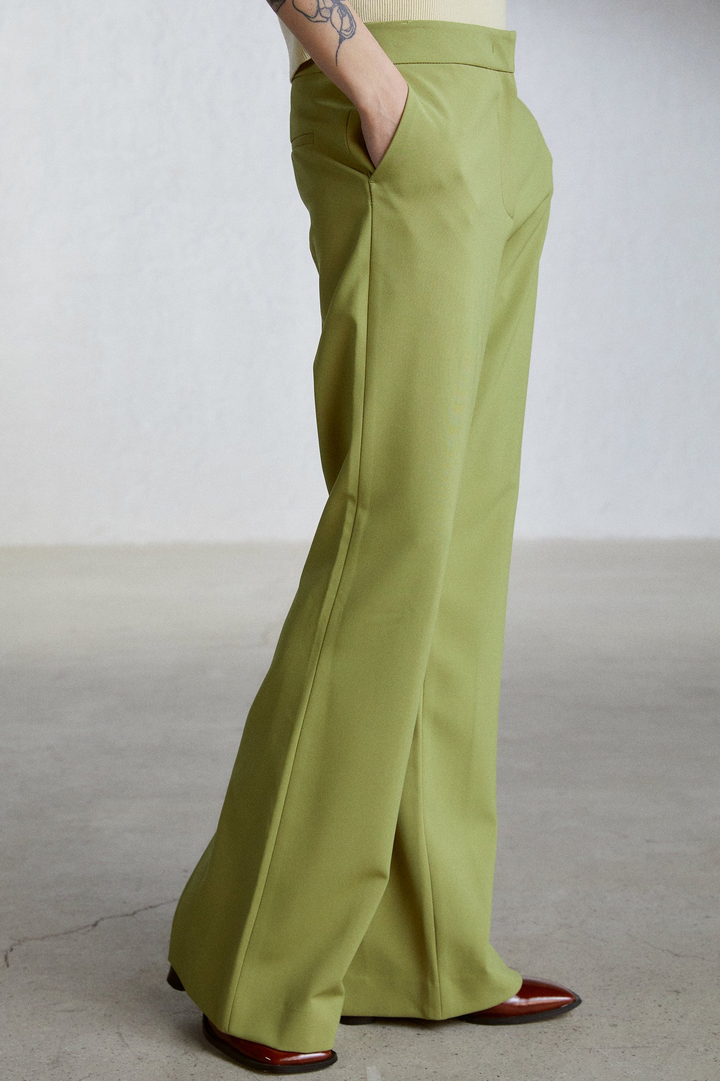 Back Slit Maxi Length Trousers, Dark Lime