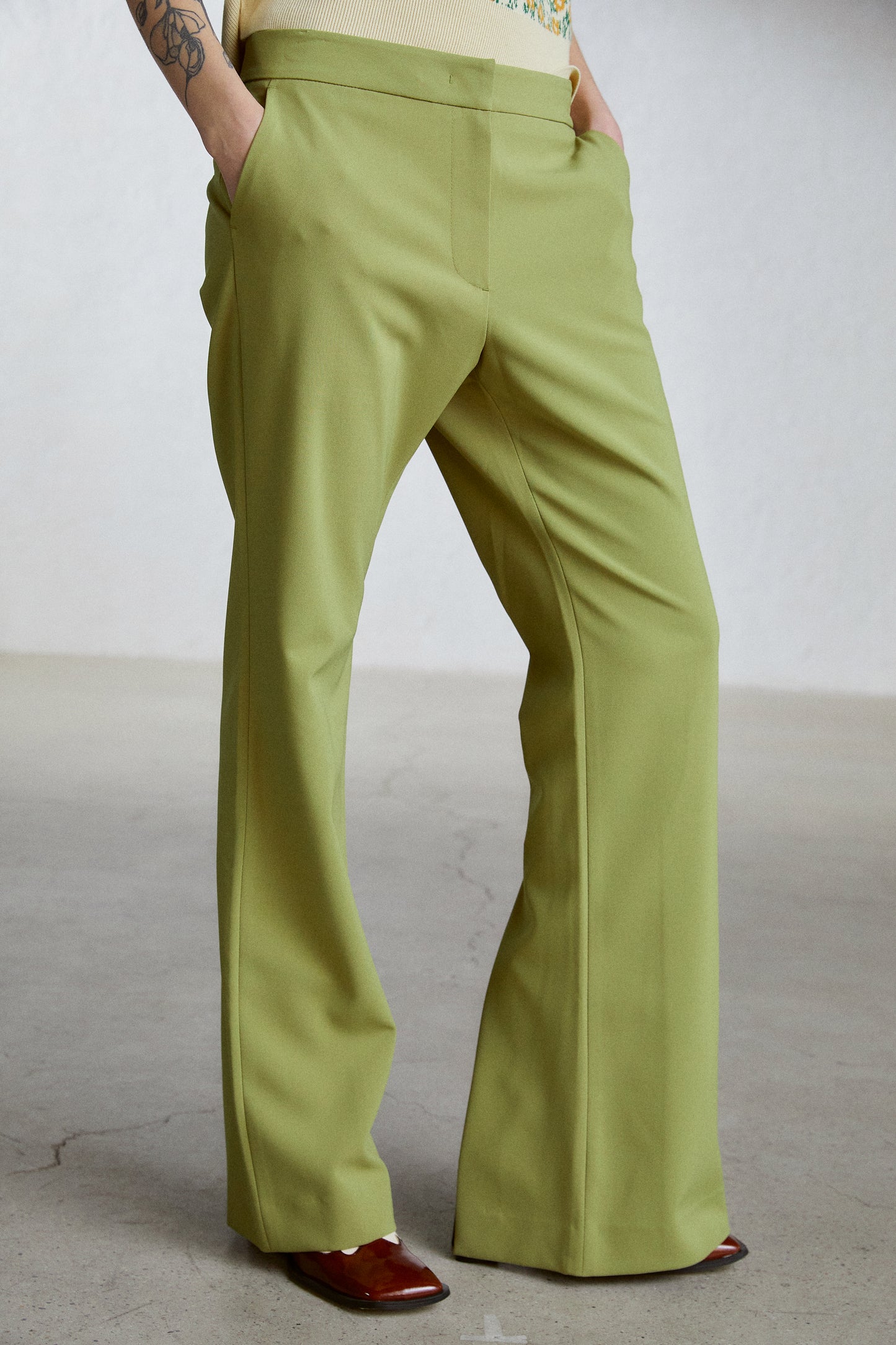 Back Slit Maxi Length Trousers, Dark Lime