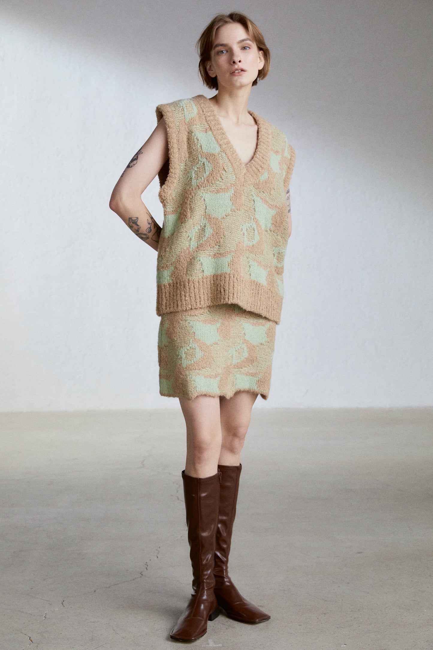 Jacquard Pattern Knit Vest, Mint/Camel