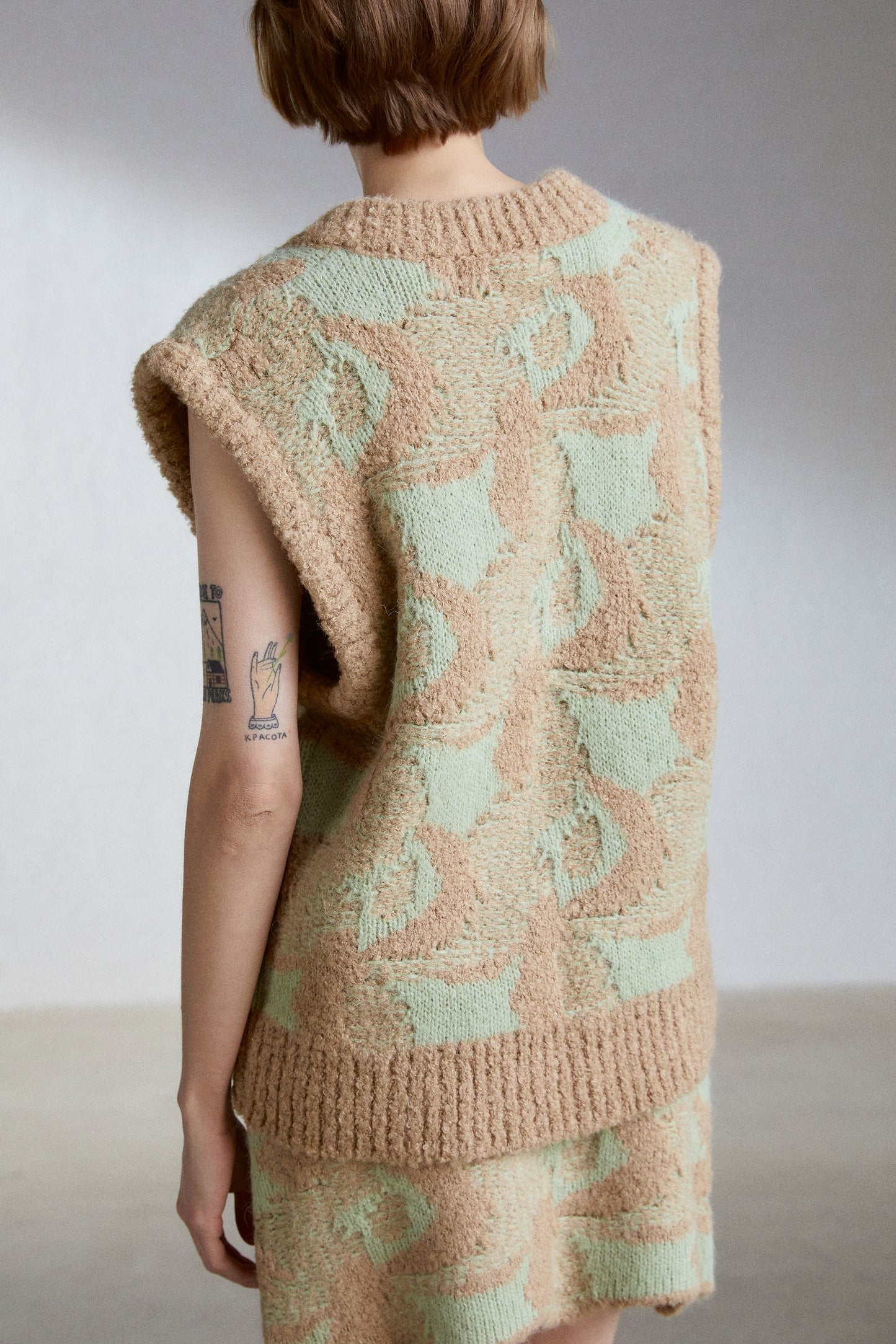 Jacquard Pattern Knit Vest, Mint/Camel