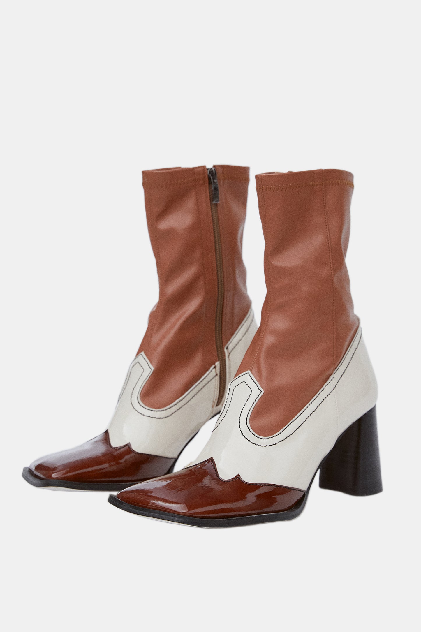 Two-Tone Cowboy Ankle Boots, Cinnamon/White