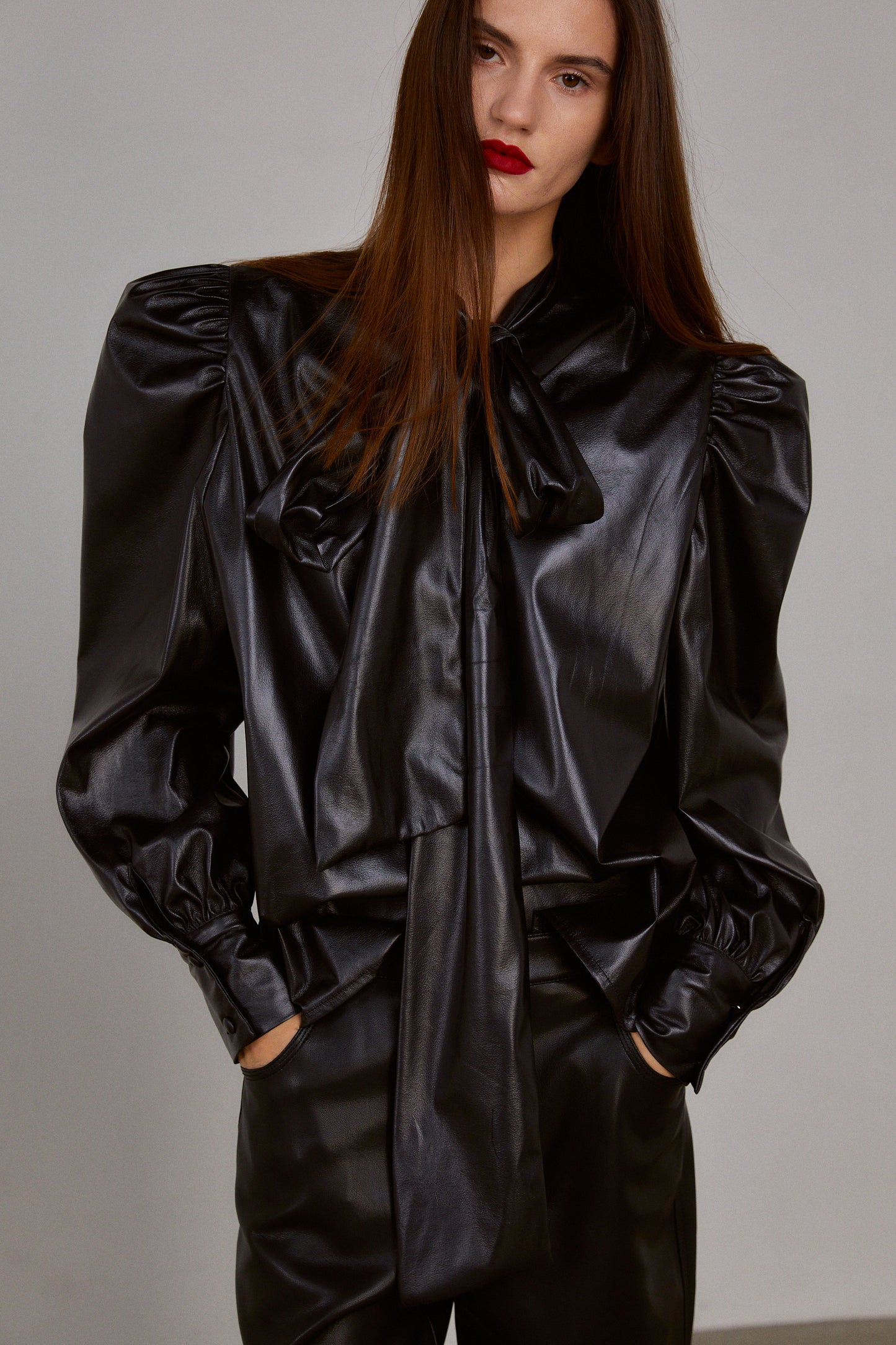 Puffed Tie Collar Leather Blouse, Black
