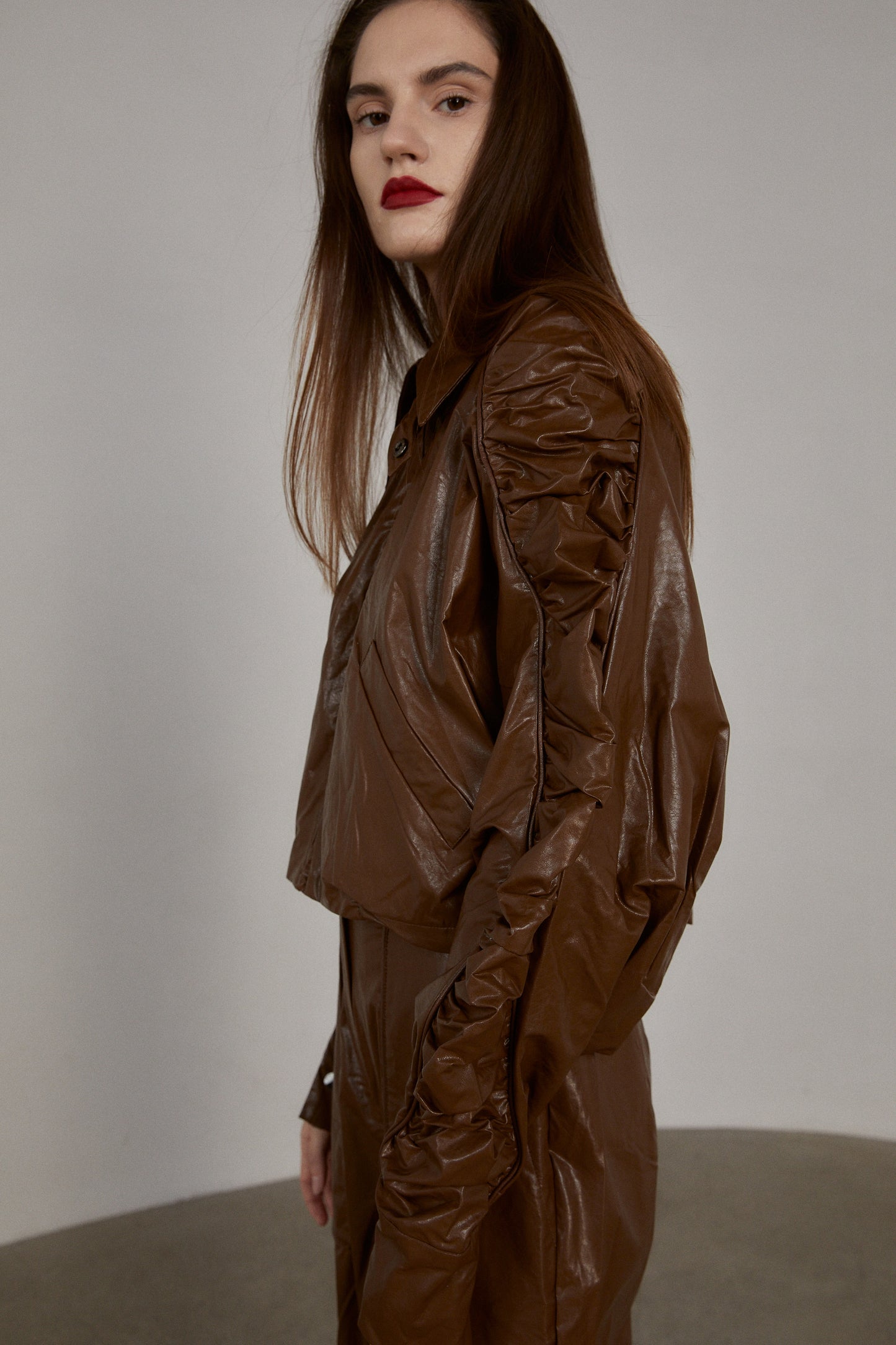 Ruched Sleeves Drawstring Leather Jacket, Brown