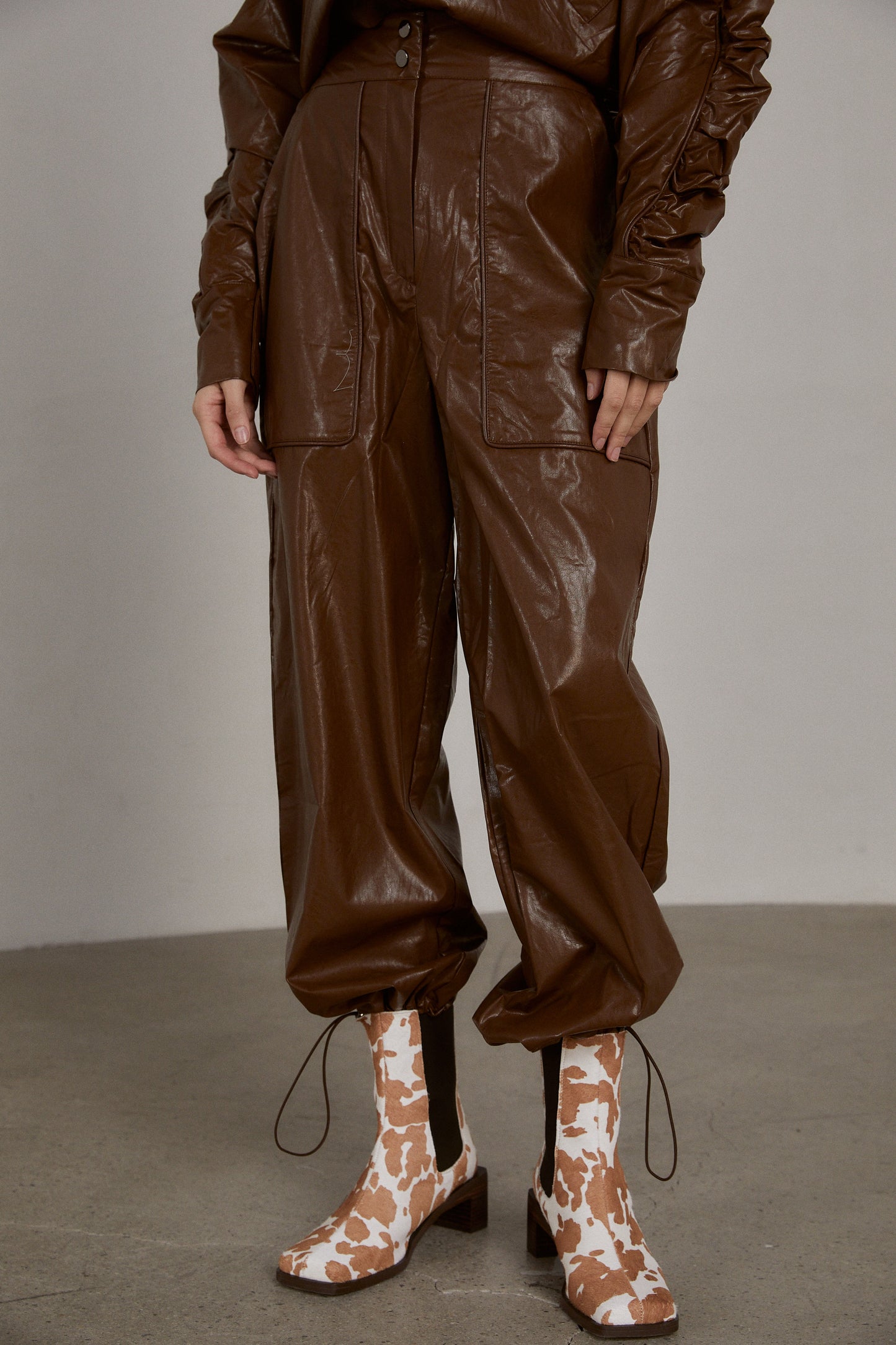 Faux Leather Cargo Pants, Brown