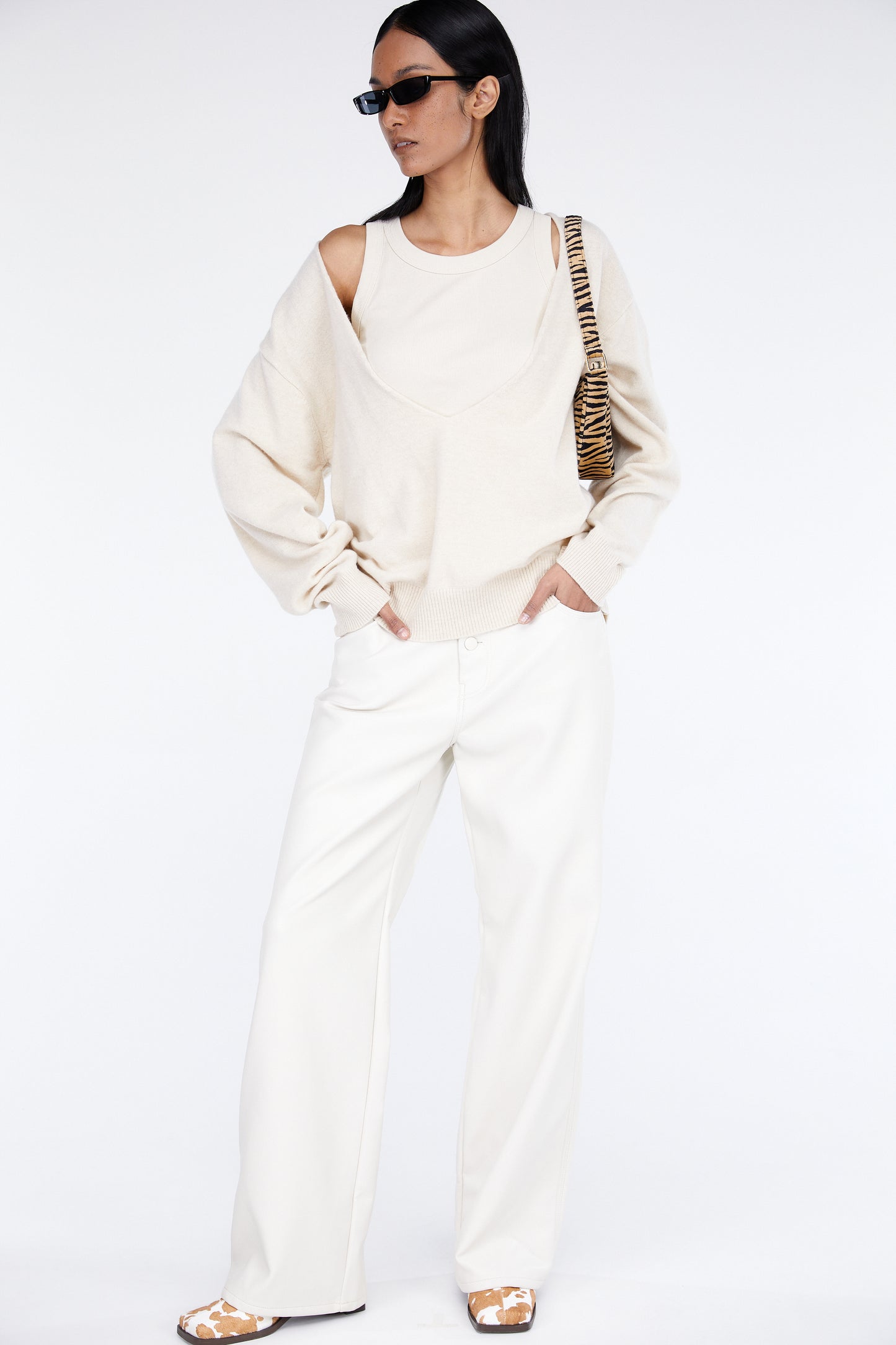 Deep V-Neck Wool Cashmere Blend Sweater, Ivory