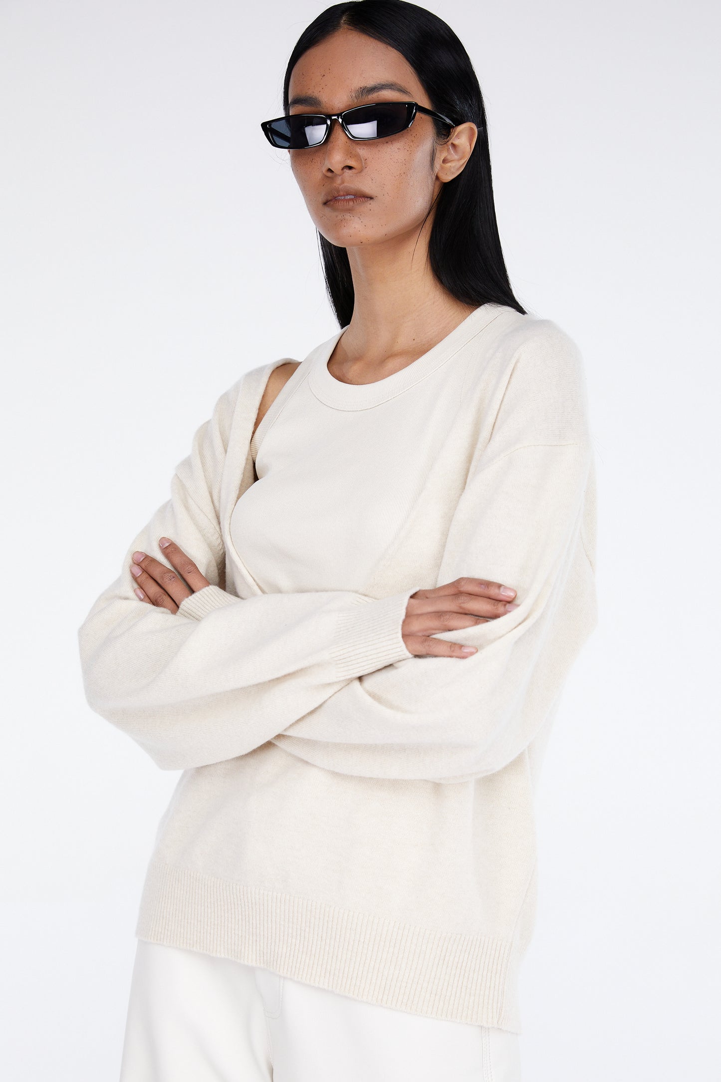 Deep V-Neck Wool Cashmere Blend Sweater, Ivory
