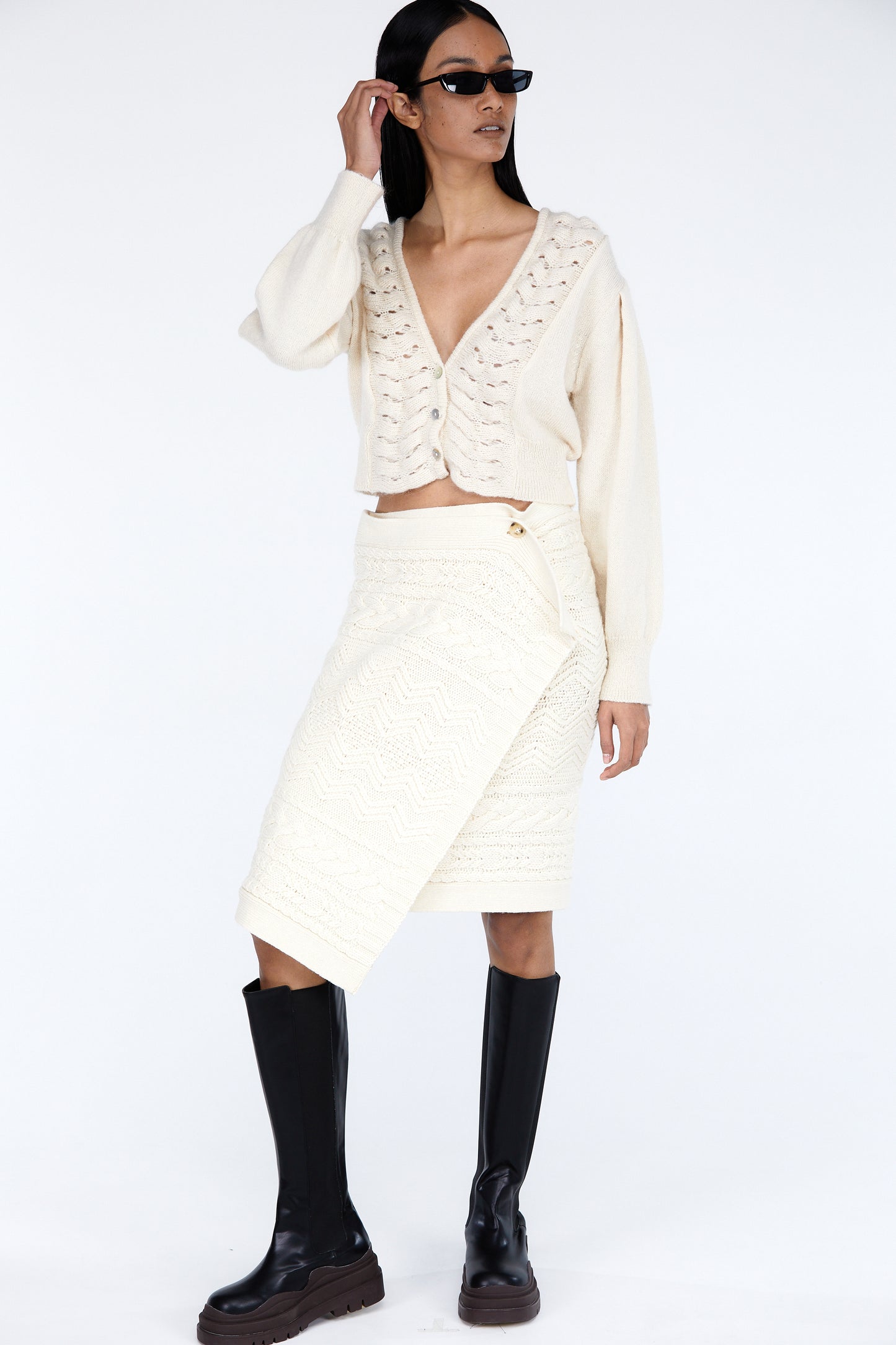 Cropped Knit Mohair Cardigan, Ivory