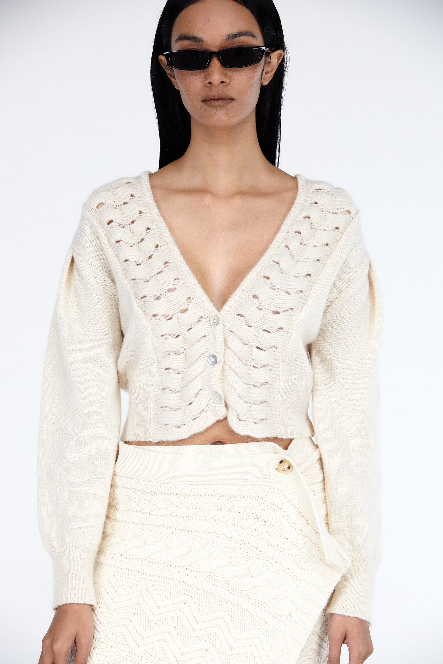 Cropped Knit Mohair Cardigan, Ivory