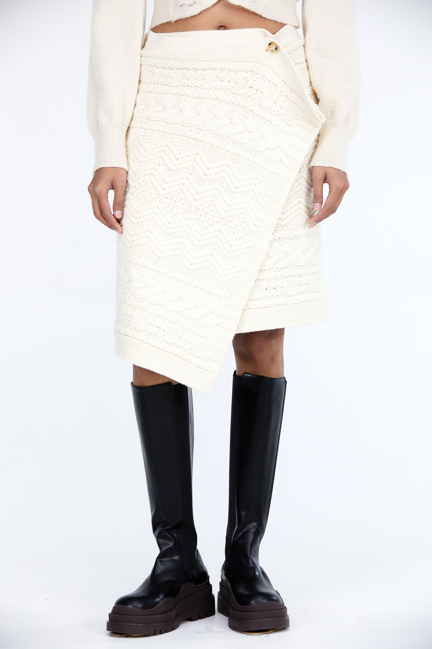 Button Wrap Cable Knit Skirt, Ivory