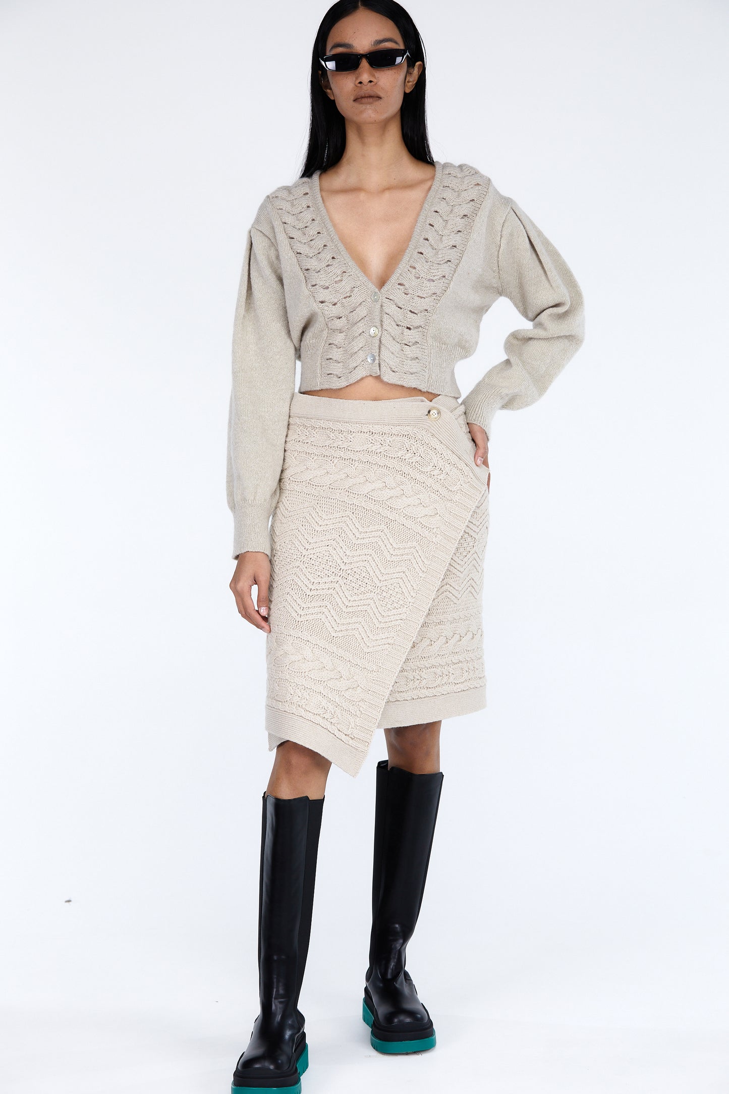 Cropped Knit Mohair Cardigan, Light Taupe