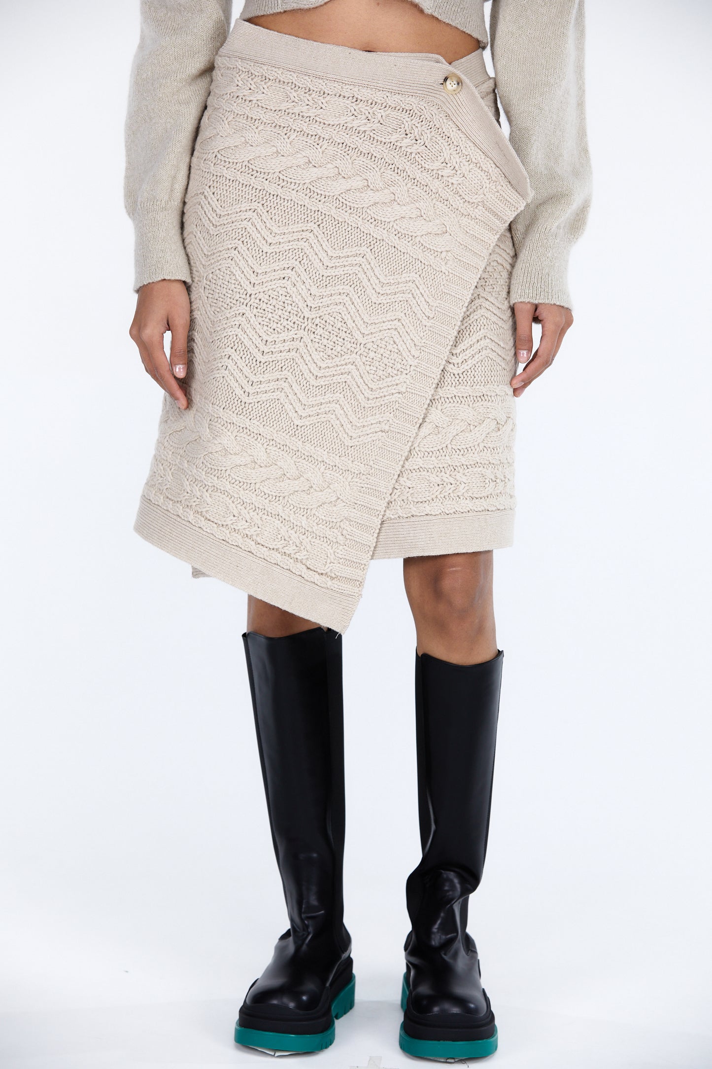 Button Wrap Cable Knit Skirt, Sand Dune