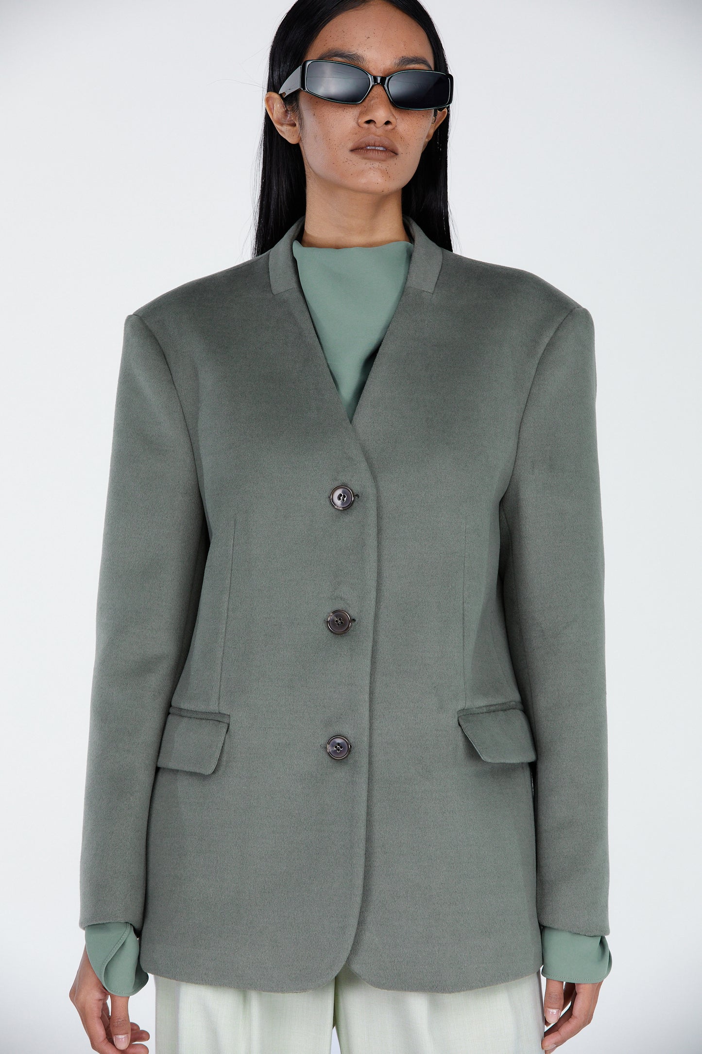 Collarless Blazer Jacket, Mint Green