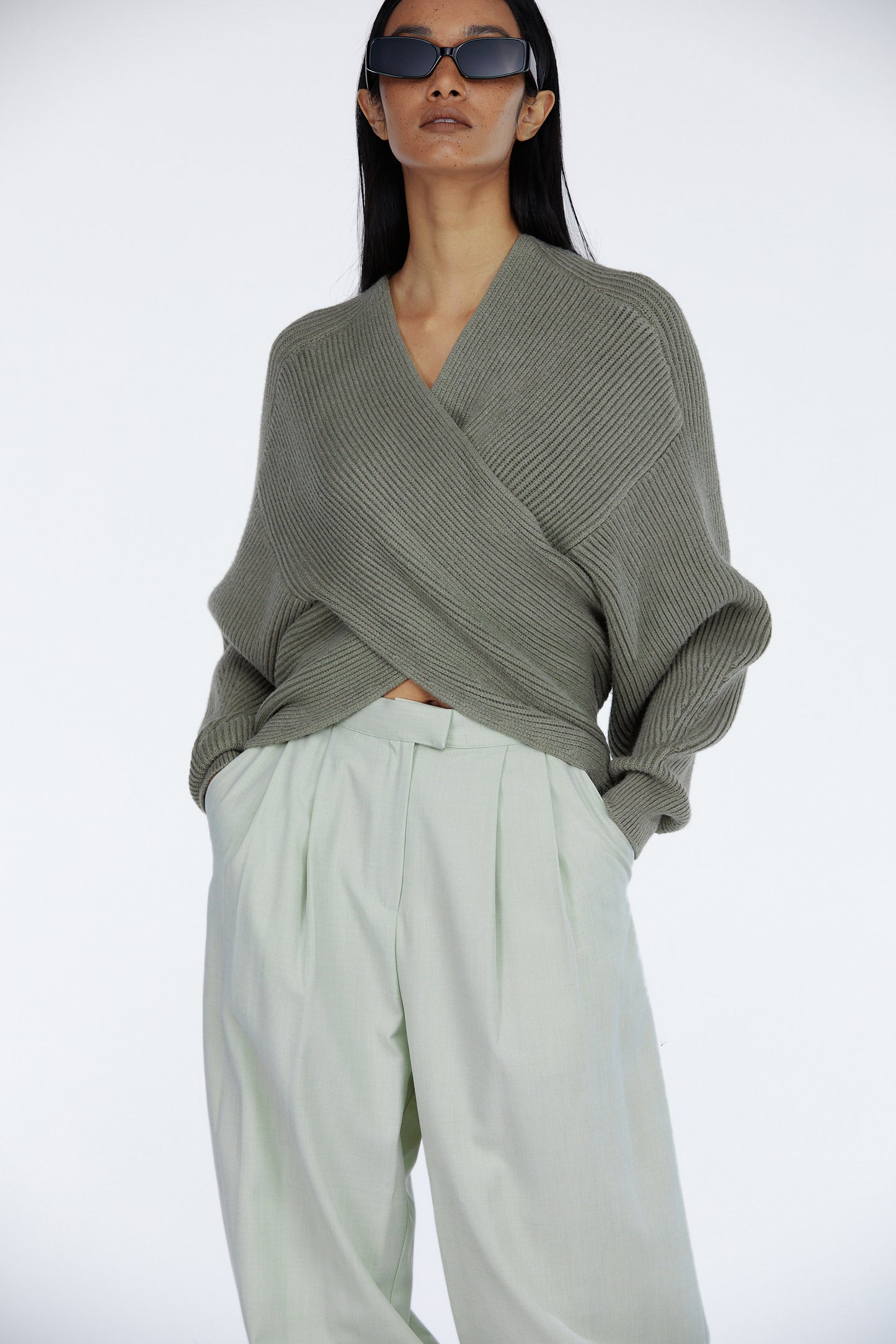 Soft Touch Wrap Front Wool Sweater, Khaki