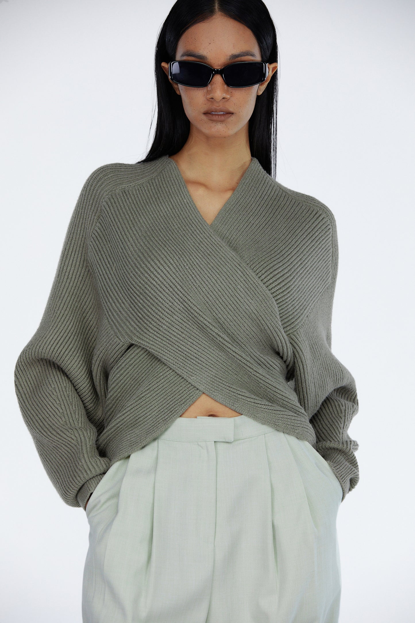 Soft Touch Wrap Front Wool Sweater, Khaki