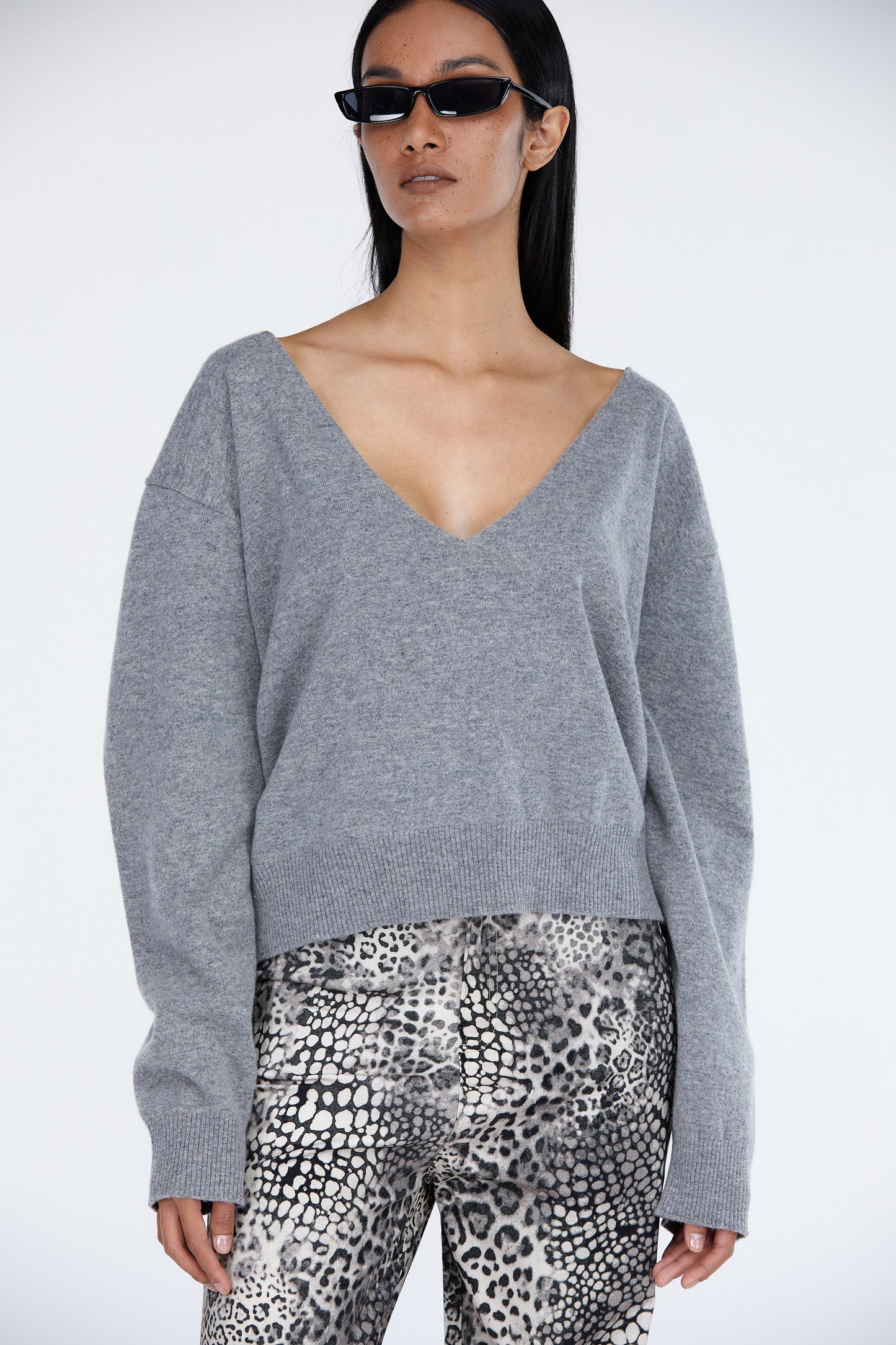 Deep V-Neck Wool Cashmere Blend Sweater, Grey