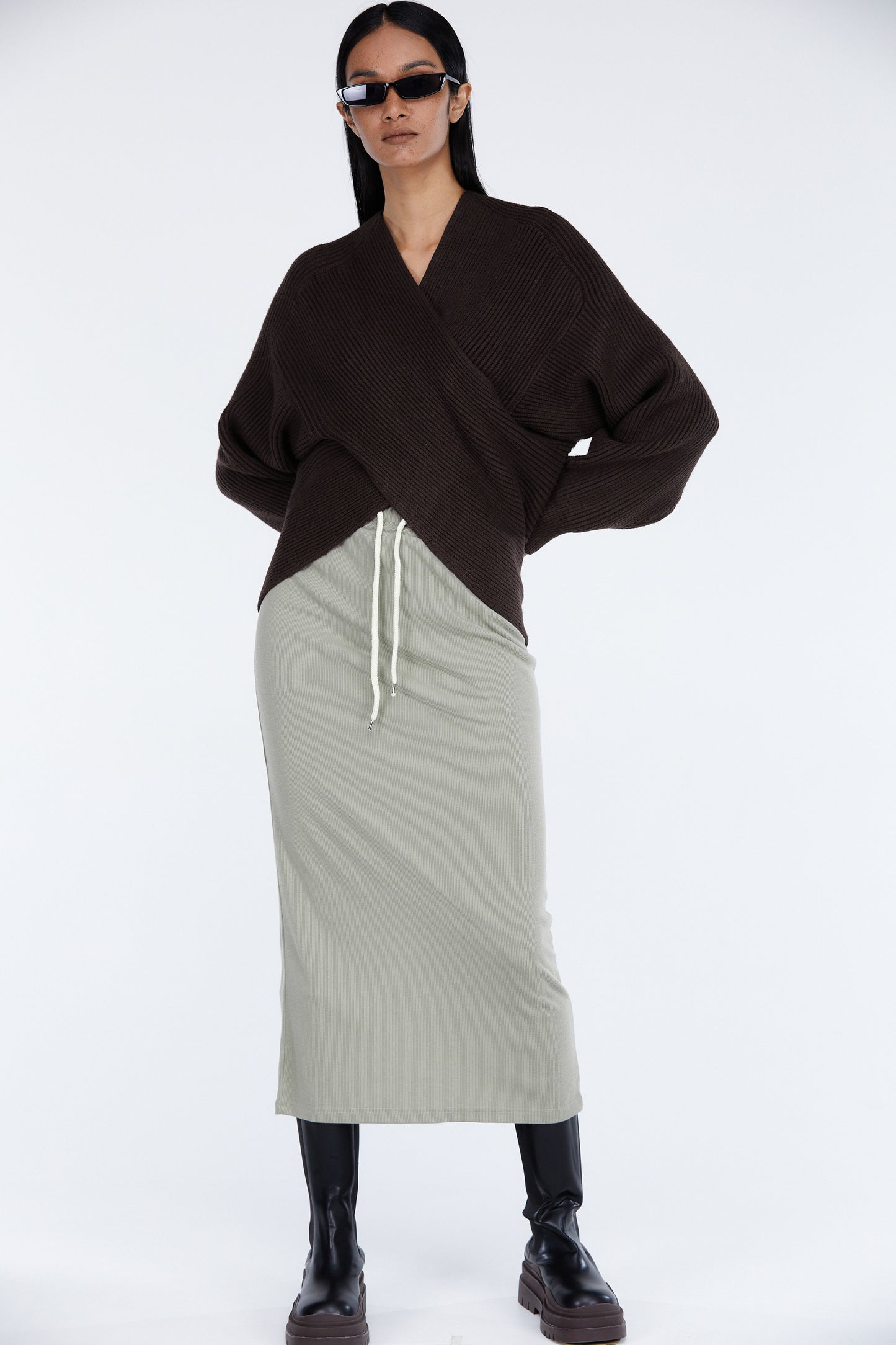 Soft Touch Wrap Front Wool Sweater, Dark Chocolate