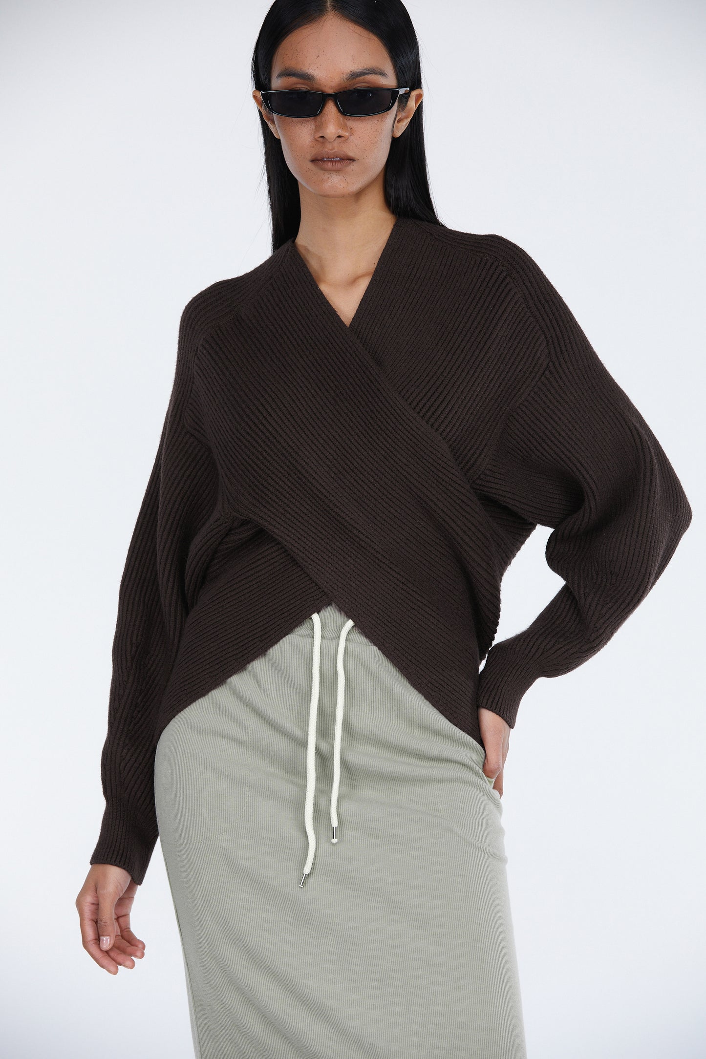 Soft Touch Wrap Front Wool Sweater, Dark Chocolate