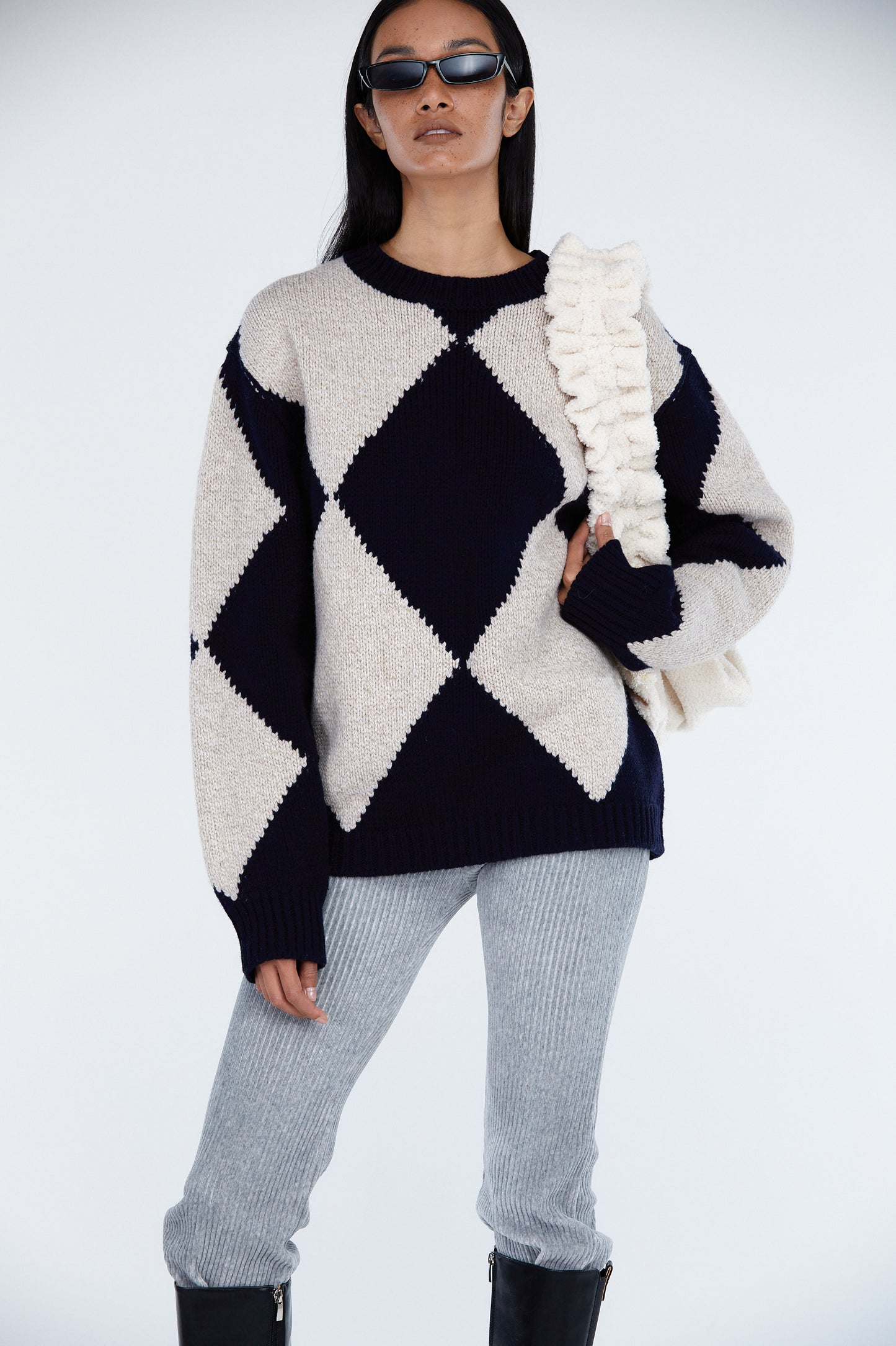 Argyle Pattern Knit Sweater, Ivory & Navy