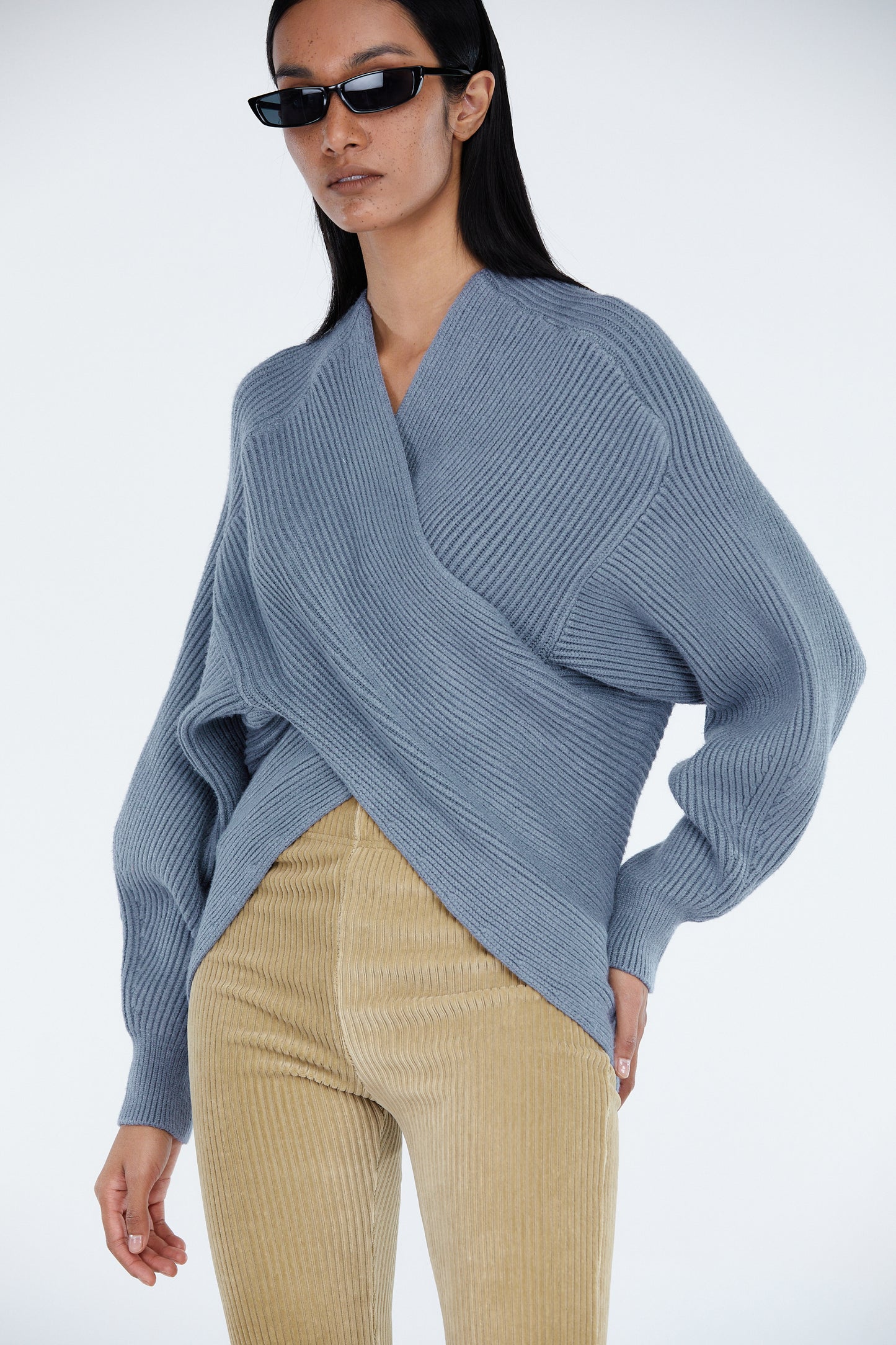 Soft Touch Wrap Front Wool Sweater, Blue