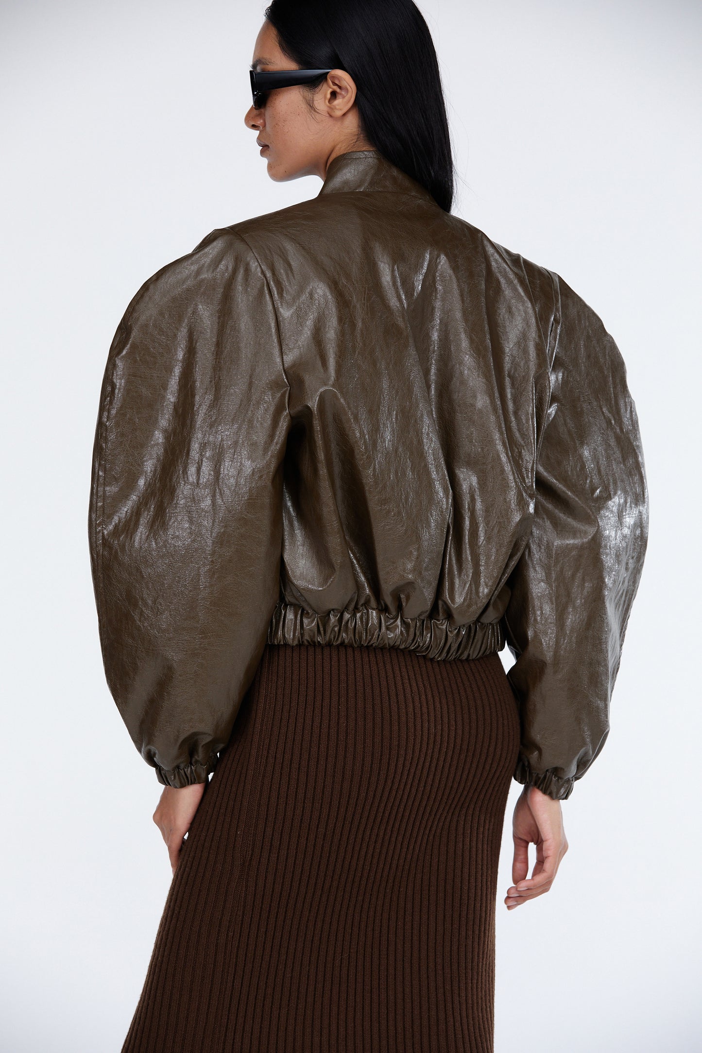 Wide Puffed Leather Bomber Jacket, Brown